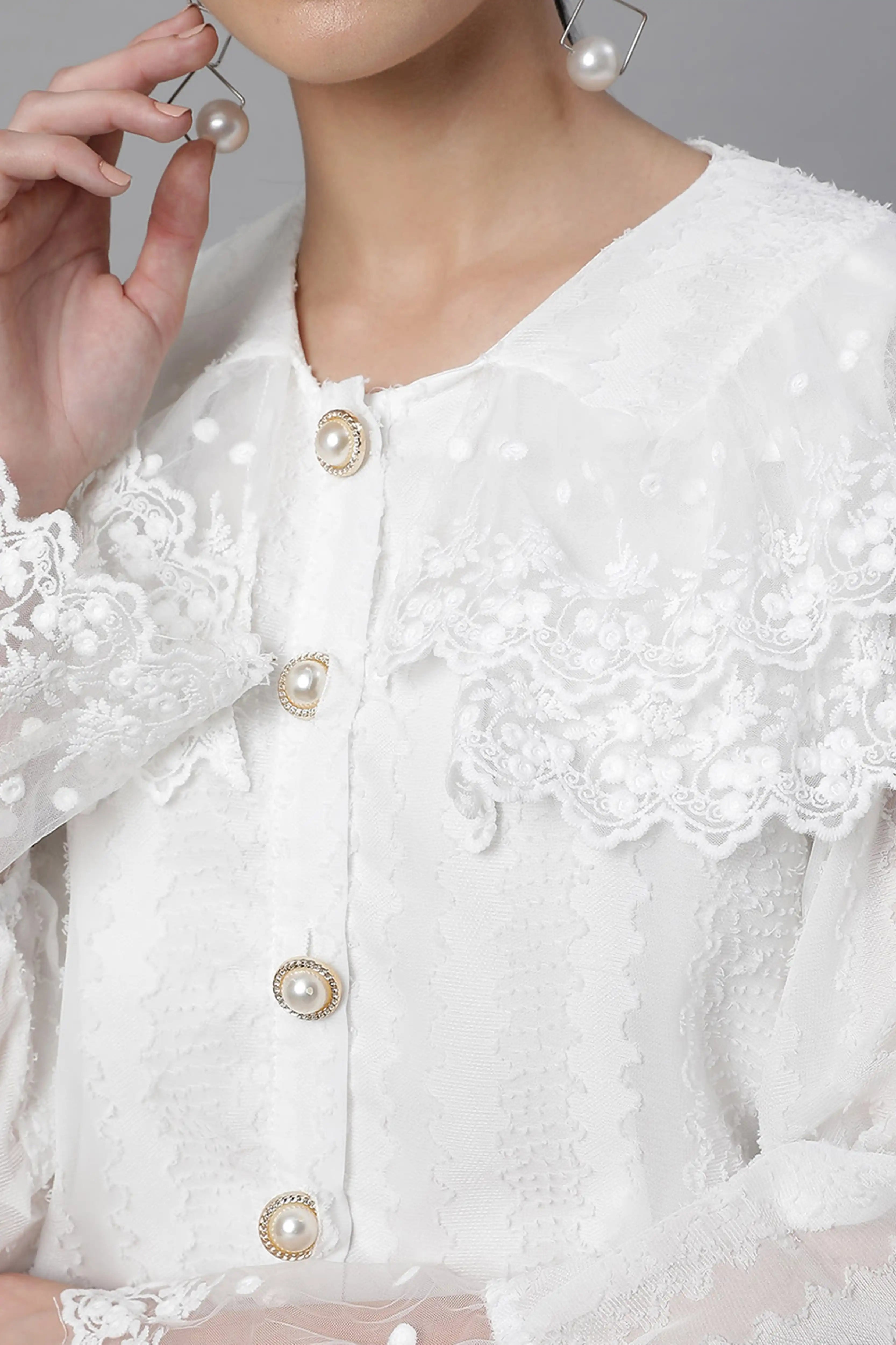 Loose Fit White Embroidered Lace Shirt