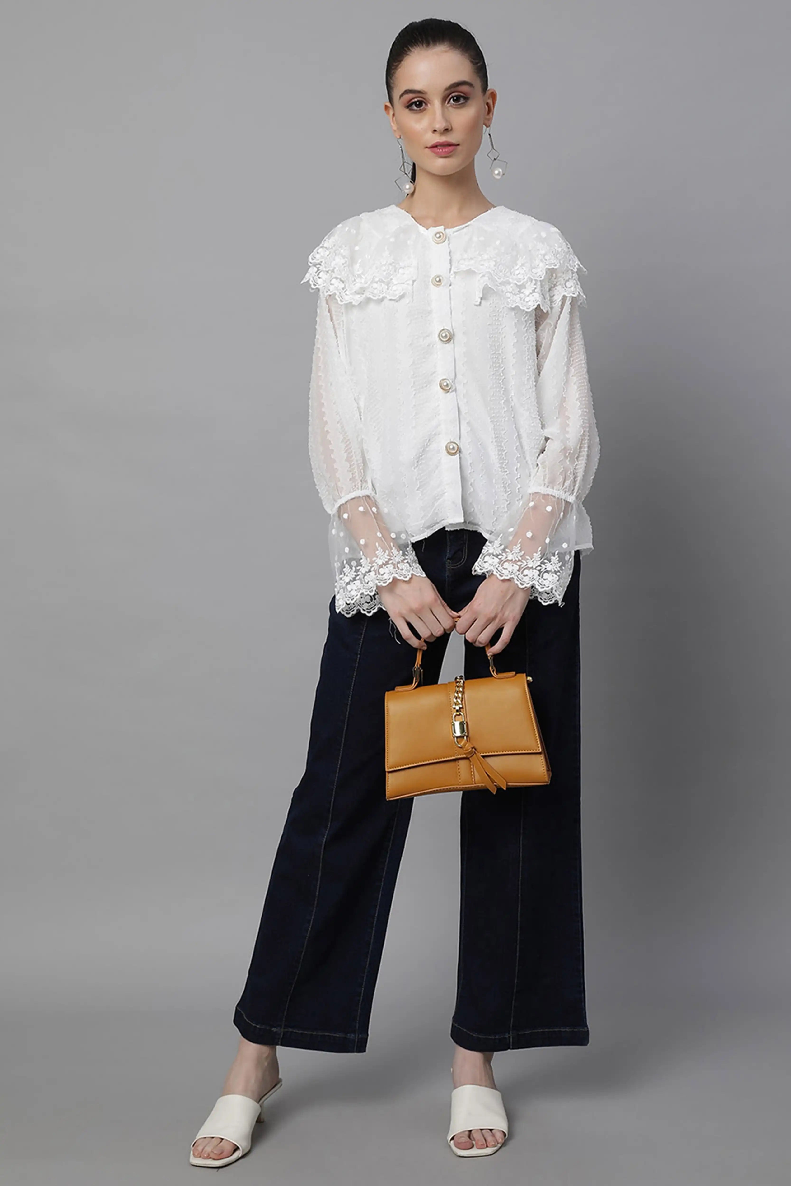 Loose Fit White Embroidered Lace Shirt