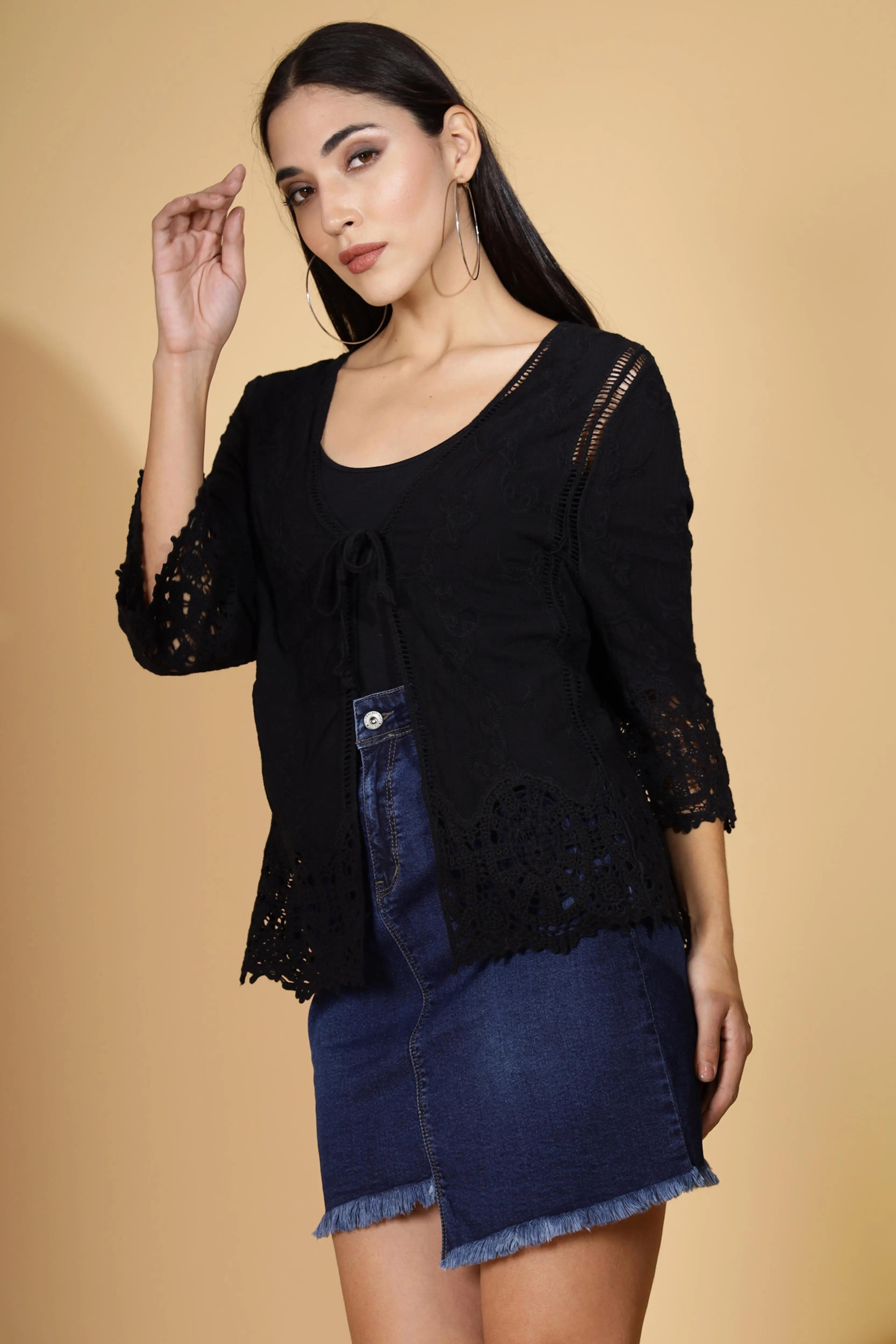 Black V-Neck Loose Fit Embroidered Shrug - Global Republic