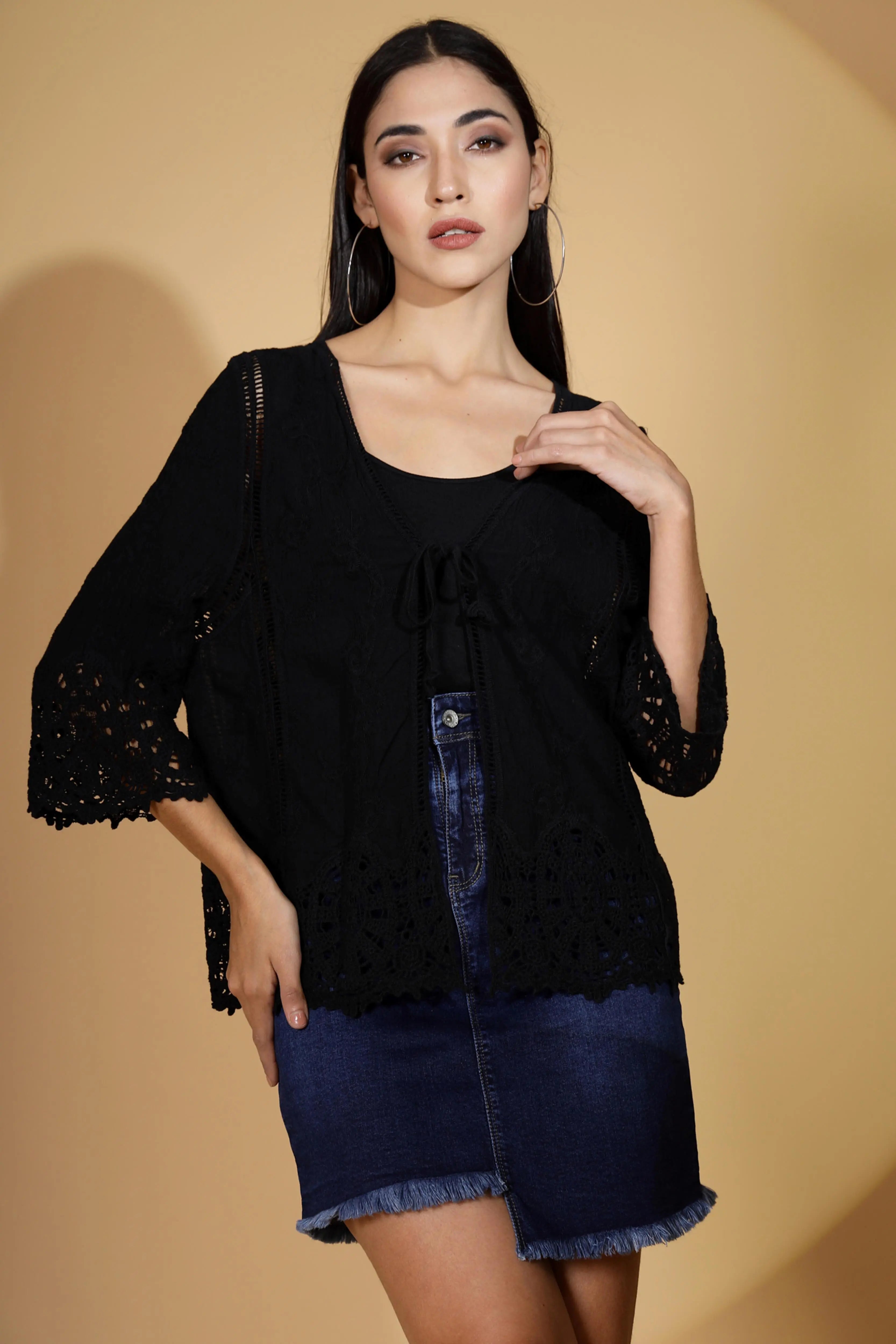 Black V-Neck Loose Fit Embroidered Shrug - Global Republic