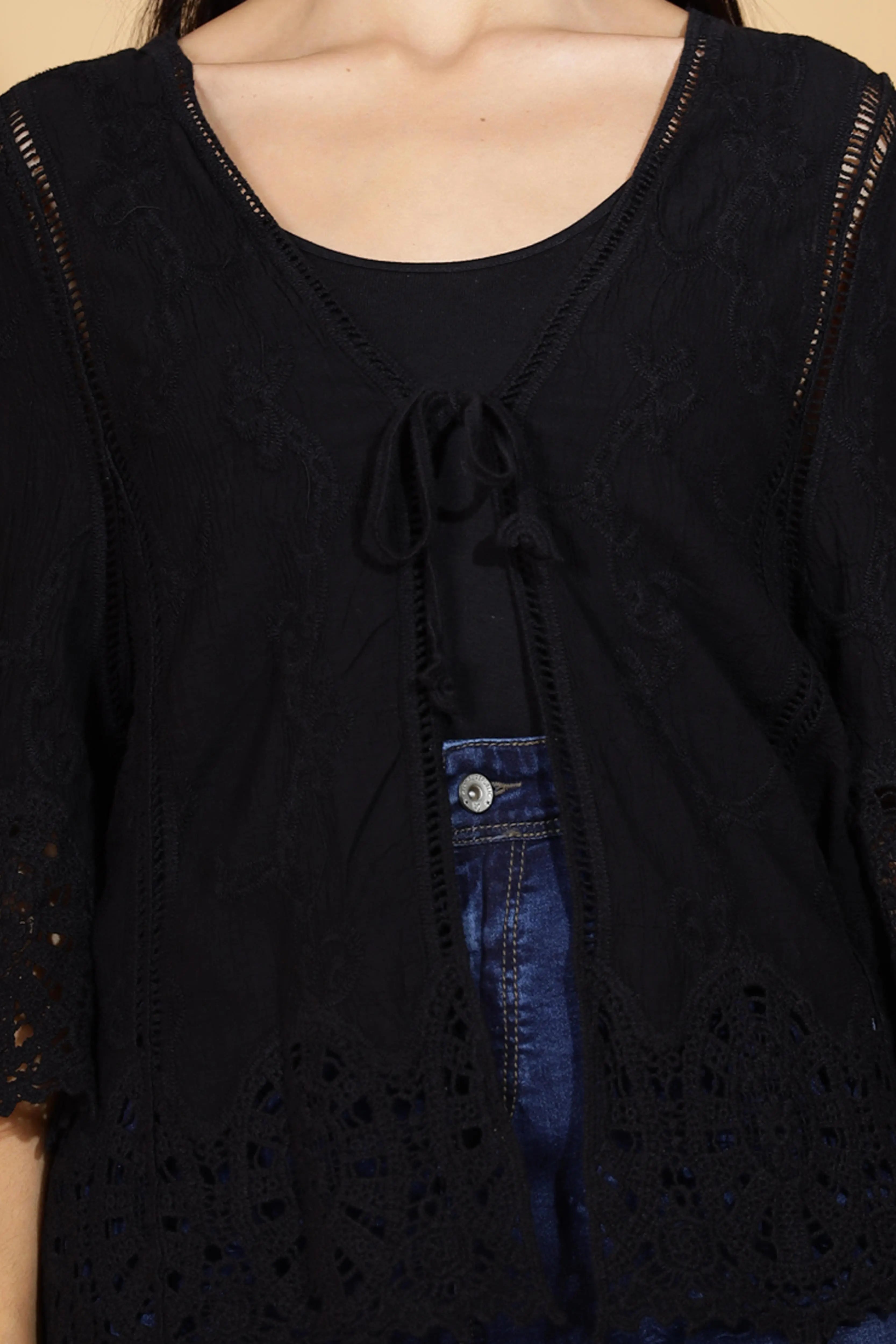 Black V-Neck Loose Fit Embroidered Shrug - Global Republic