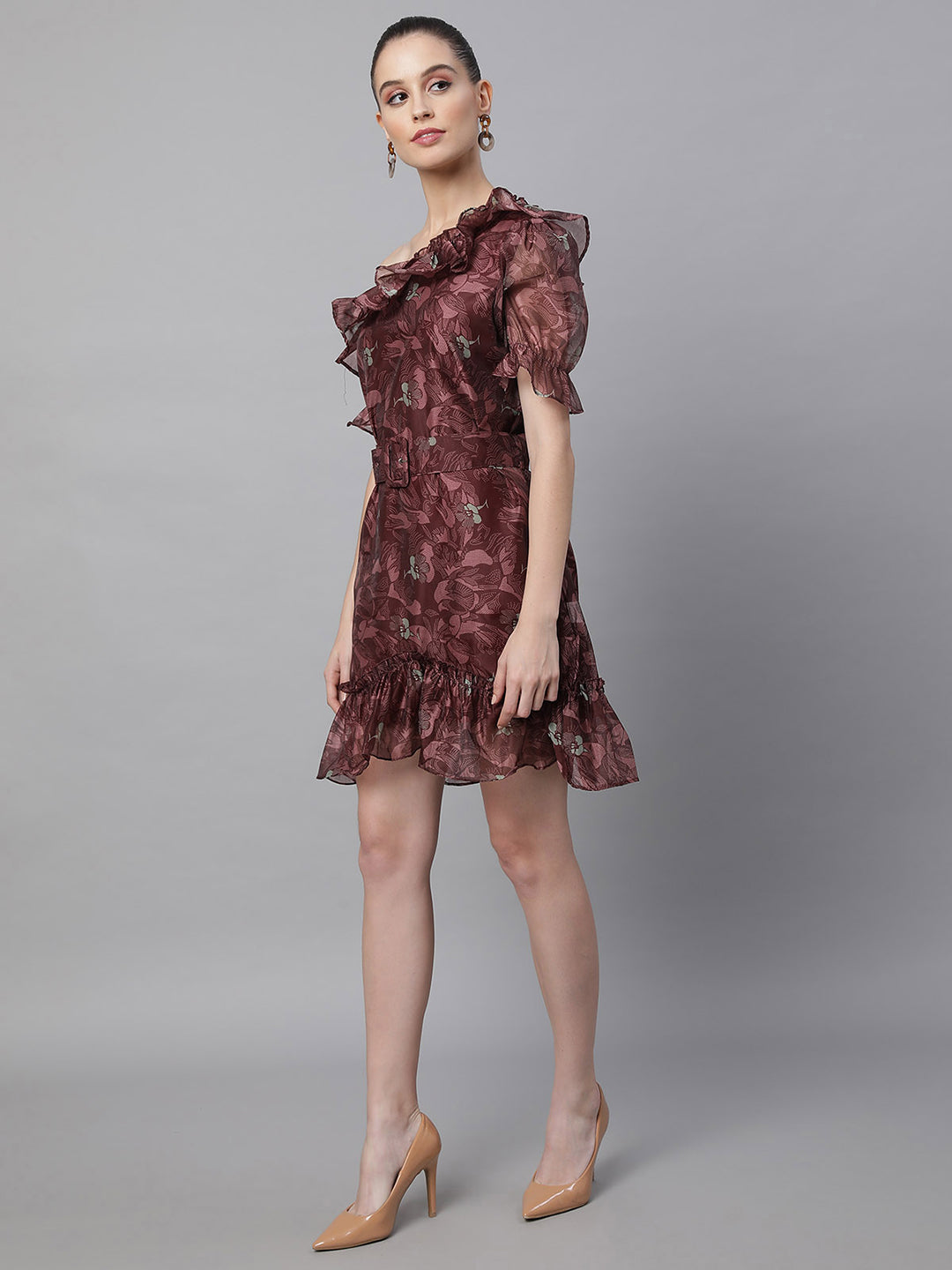 Wine Off Shoulder Printed Dress With Waist Belt - Global Republic