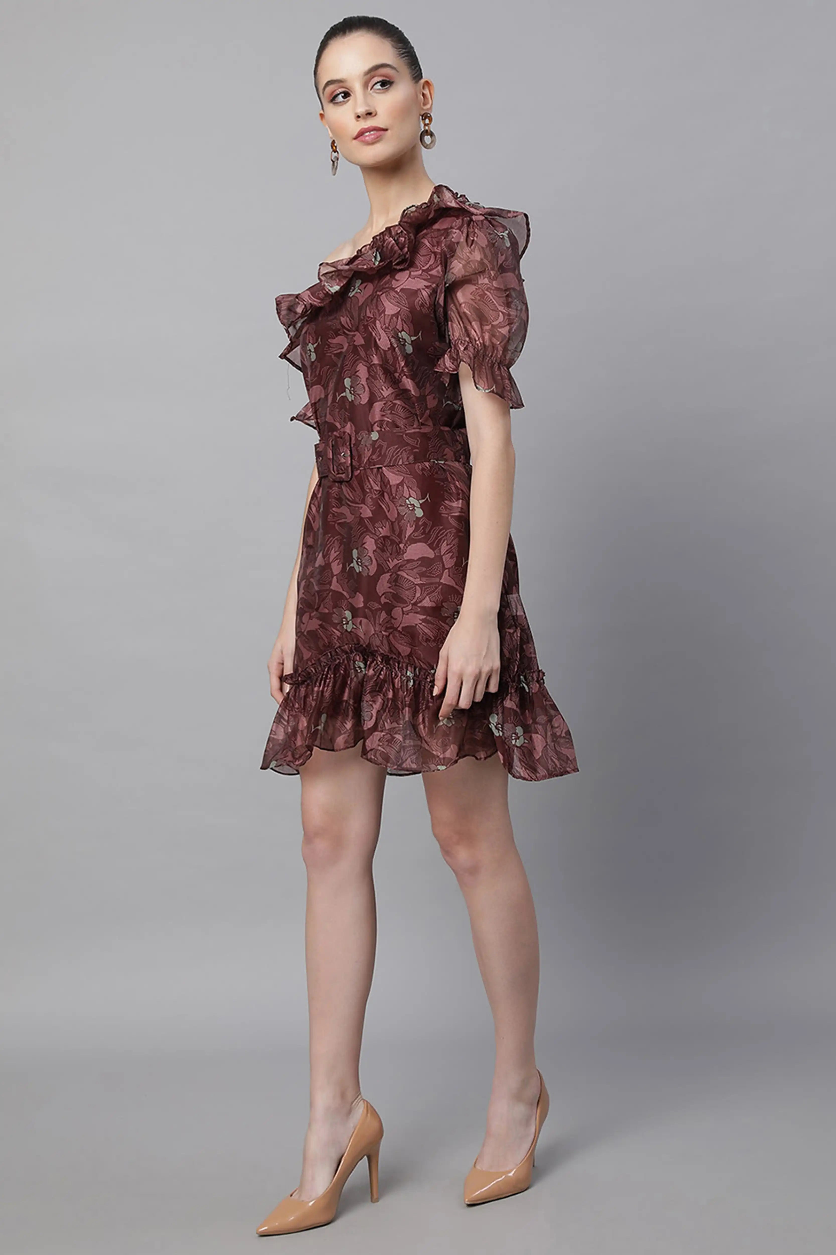 Wine Off Shoulder Printed Dress