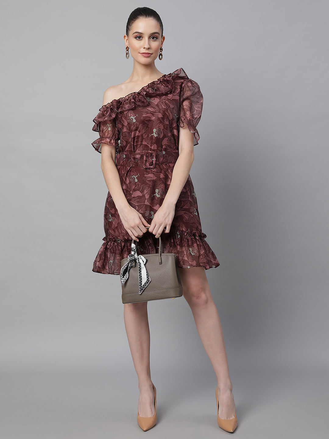 Wine Off Shoulder Printed Dress With Waist Belt - Global Republic