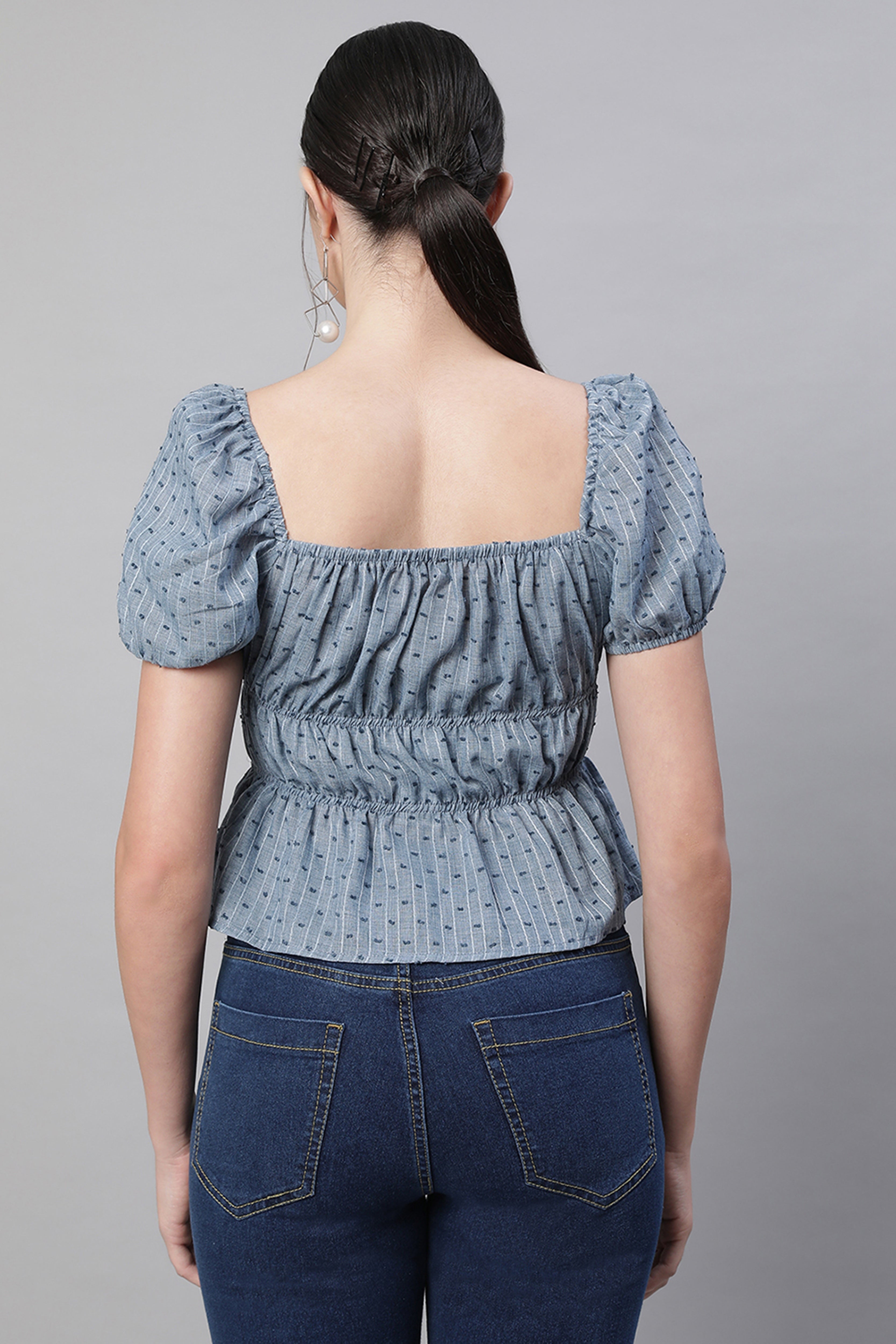 Blue Cotton Smocked Crop Top
