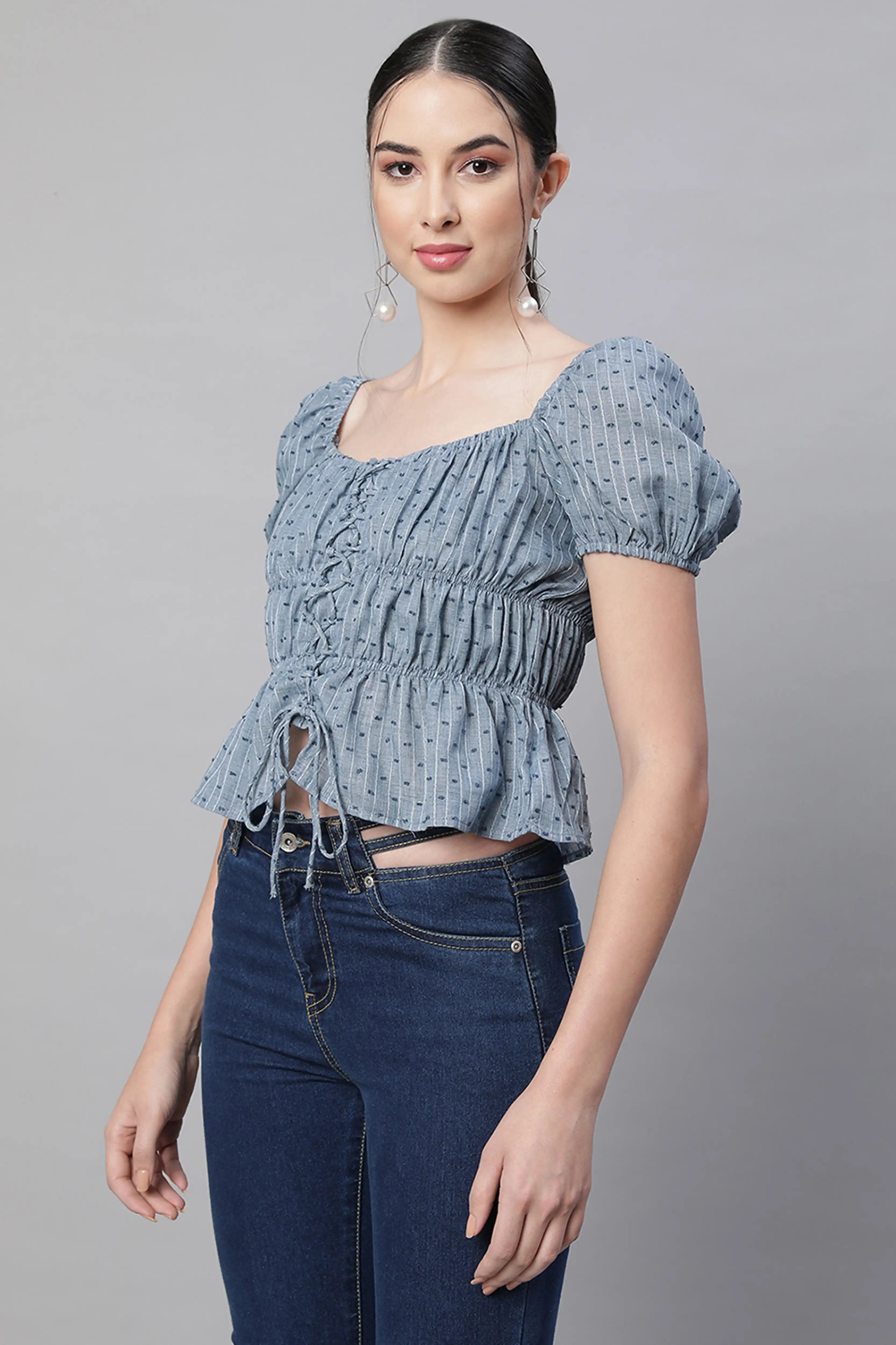 Blue Cotton Smocked Crop Top