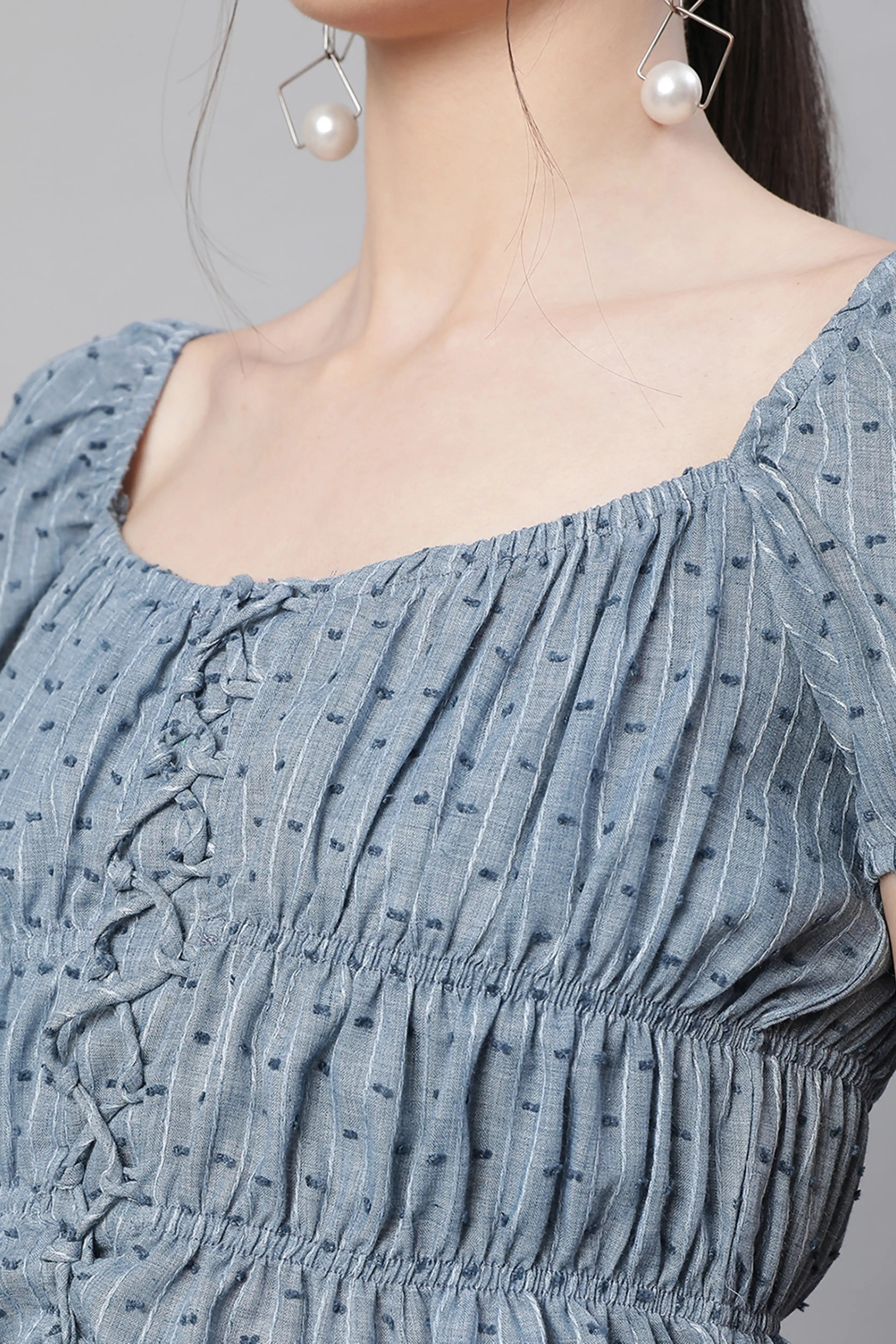 Blue Cotton Smocked Crop Top