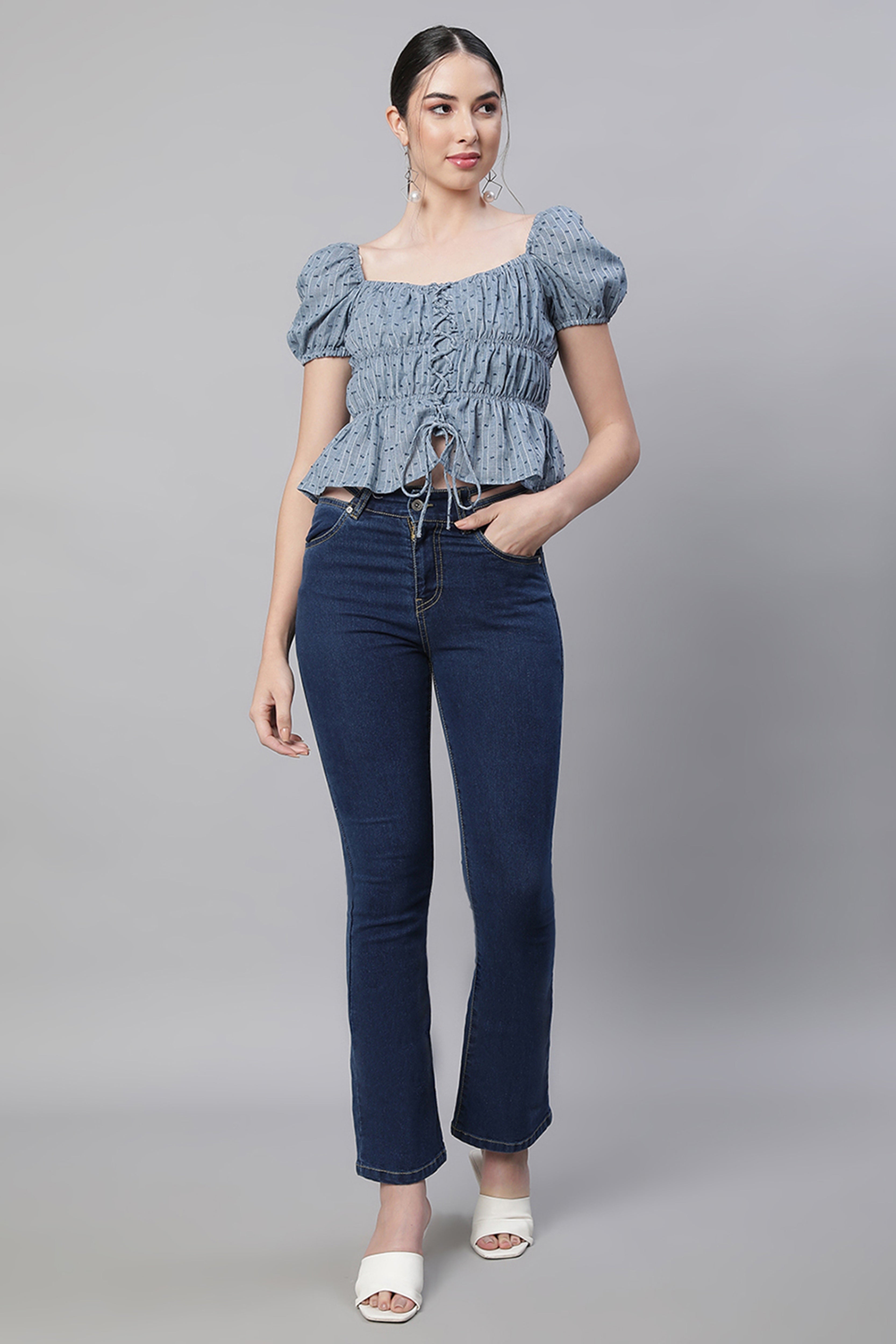 Blue Cotton Smocked Crop Top