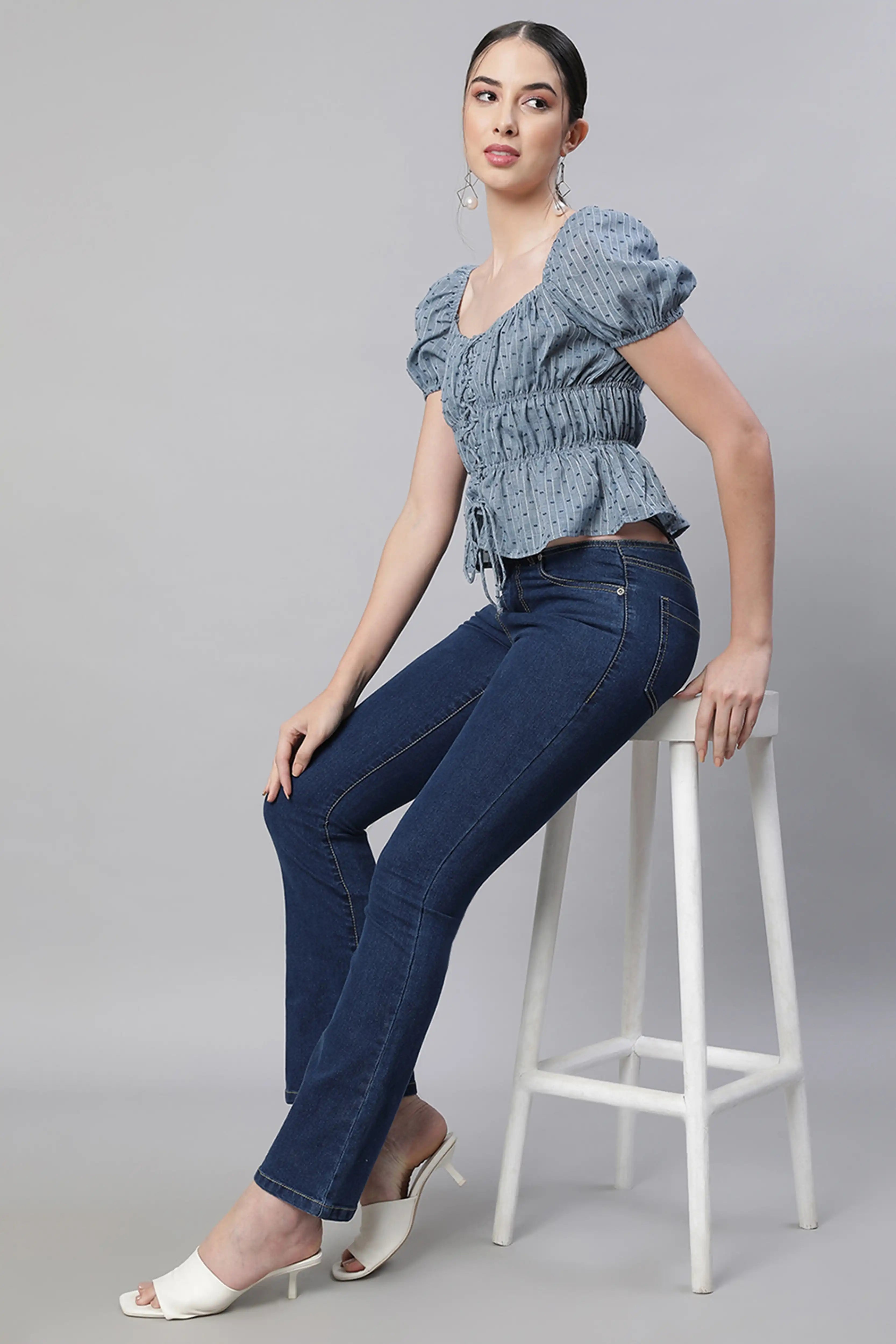 Blue Cotton Smocked Crop Top