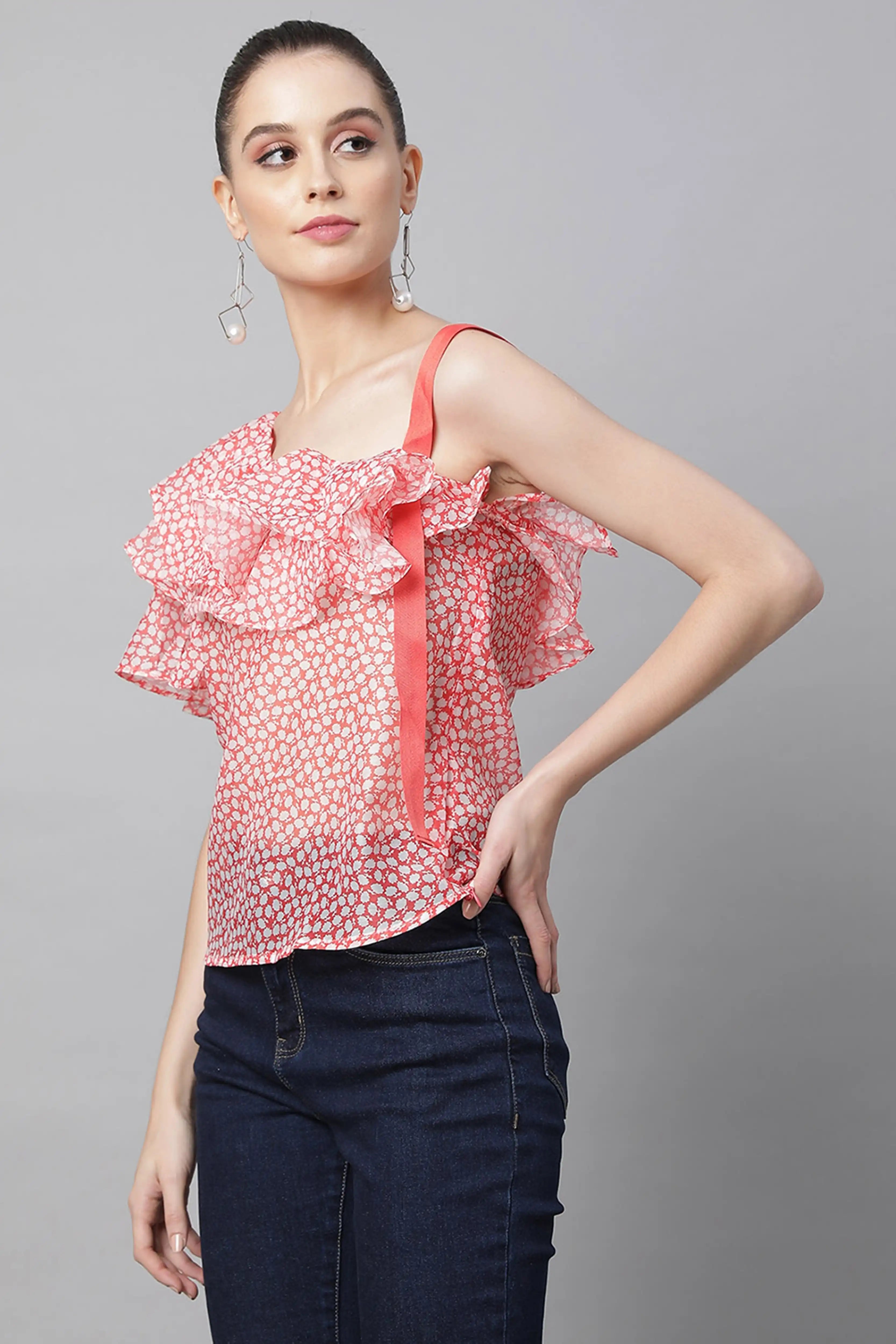 Red Printed Blouson Top