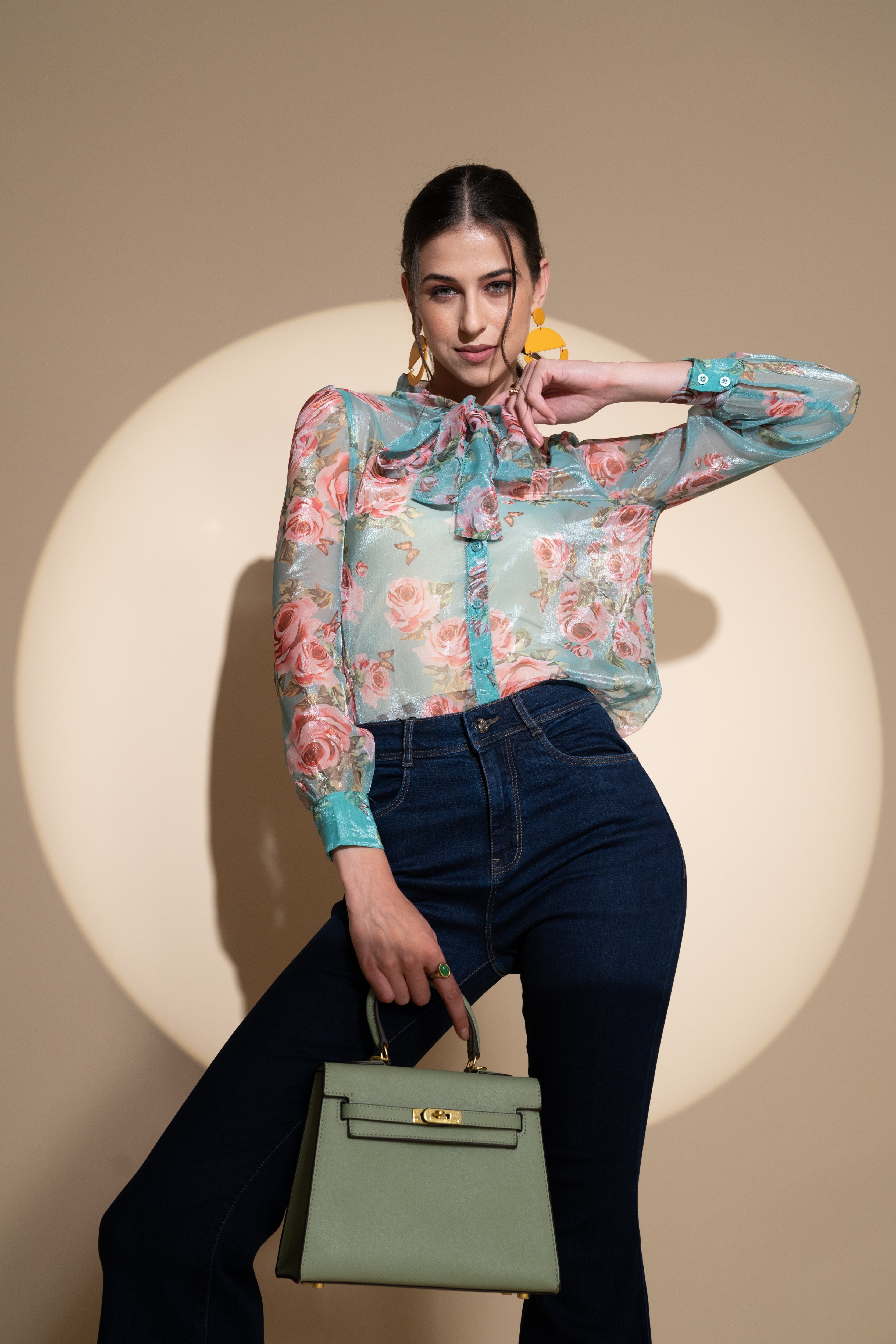 Blue Jabot Collar Floral Shirt