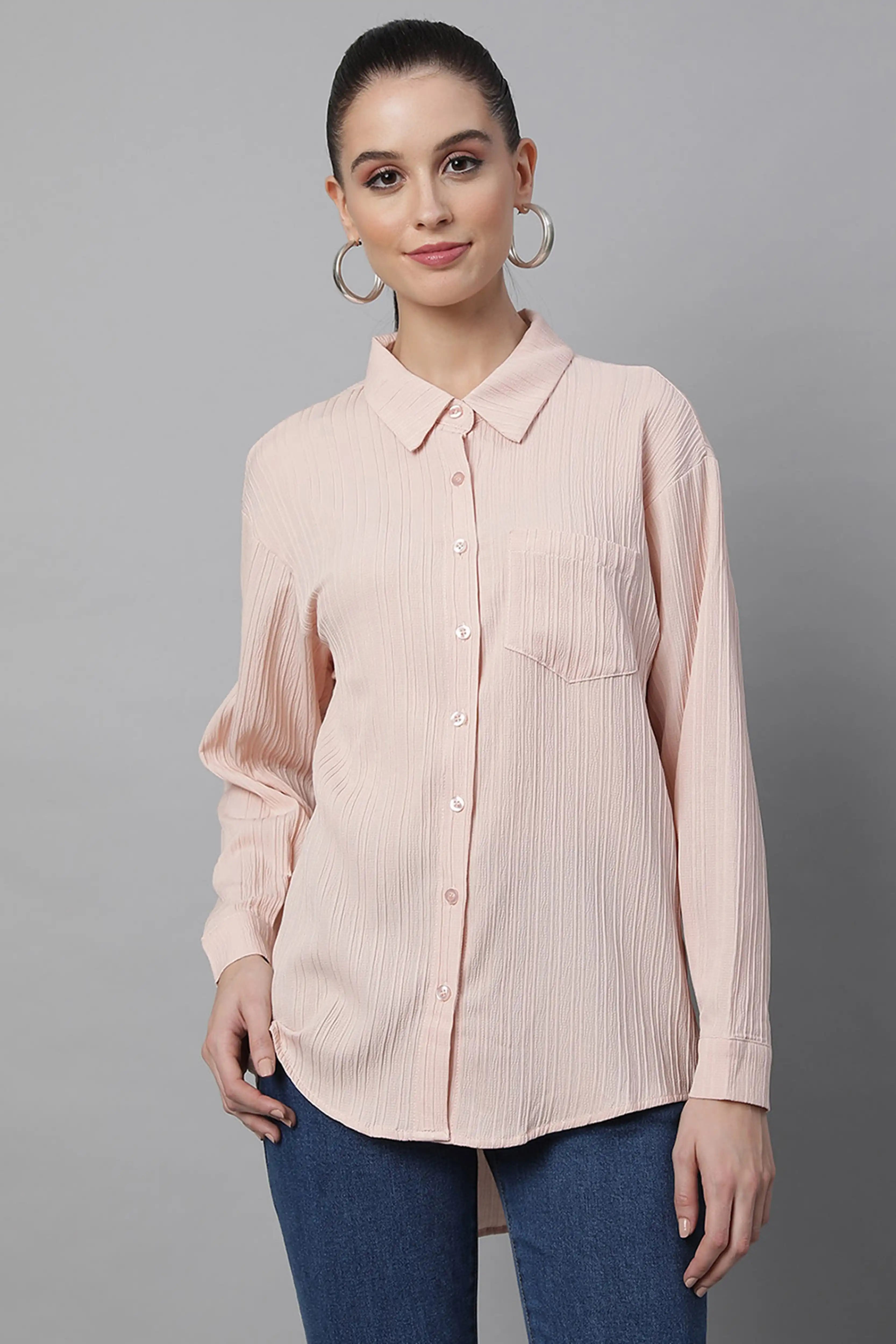 Pink Textured High-Low Cotton Shirt