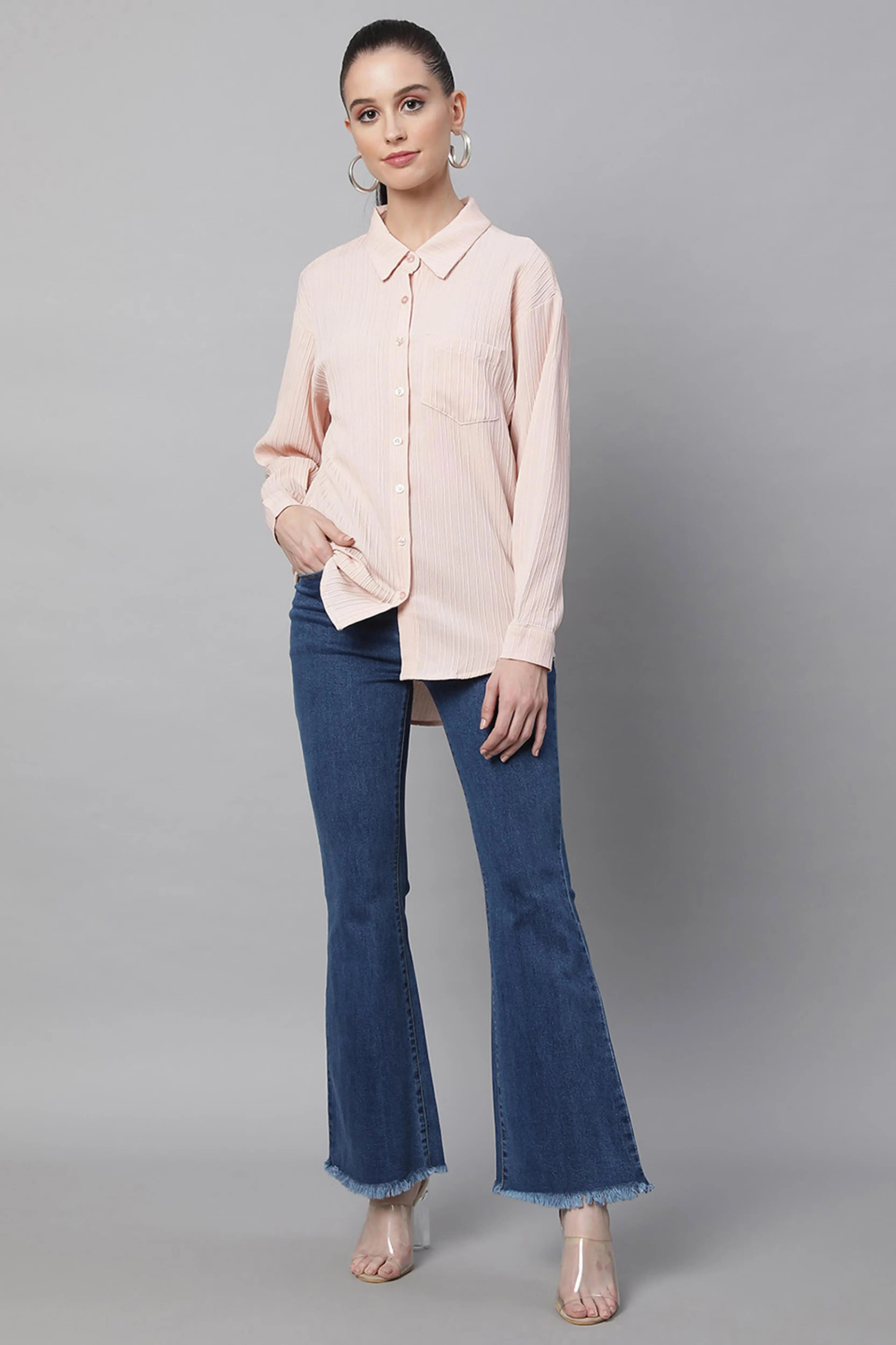 Pink Textured High-Low Cotton Shirt