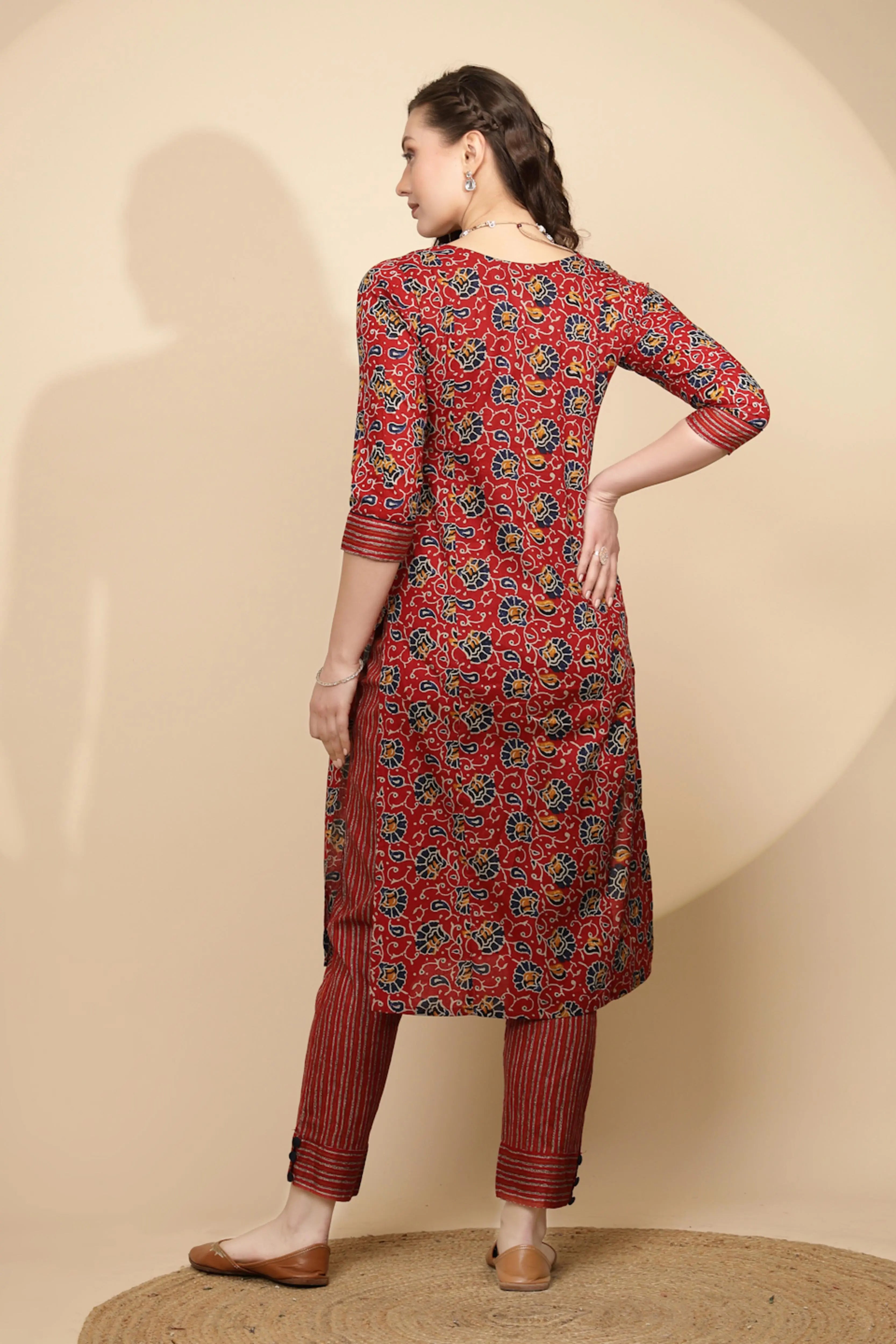 Red Cotton Regular Fit Kurta Set For Women - Global Republic