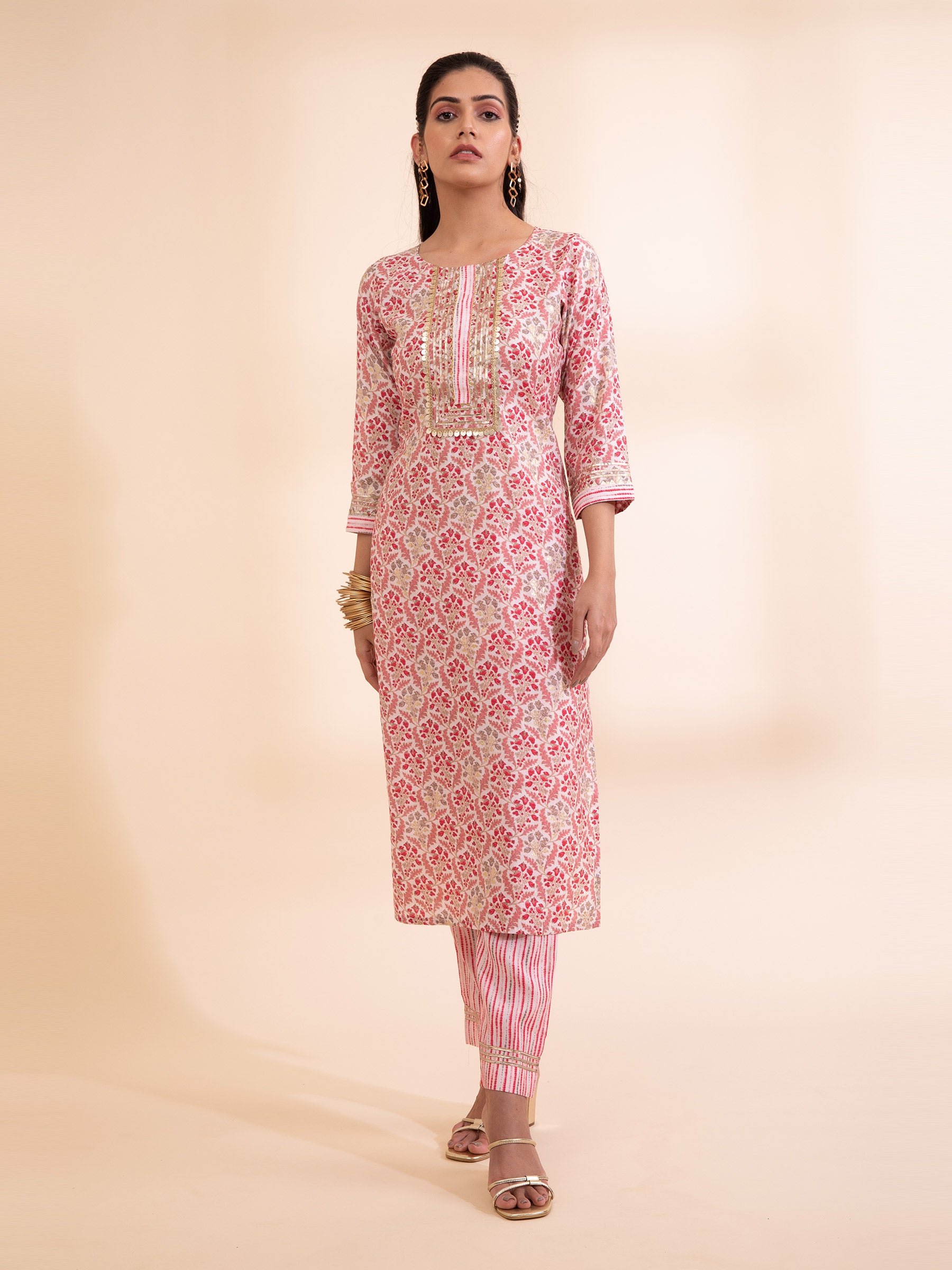 Women Pink Three Quarter Sleeve Printed Kurta Set - Global Republic