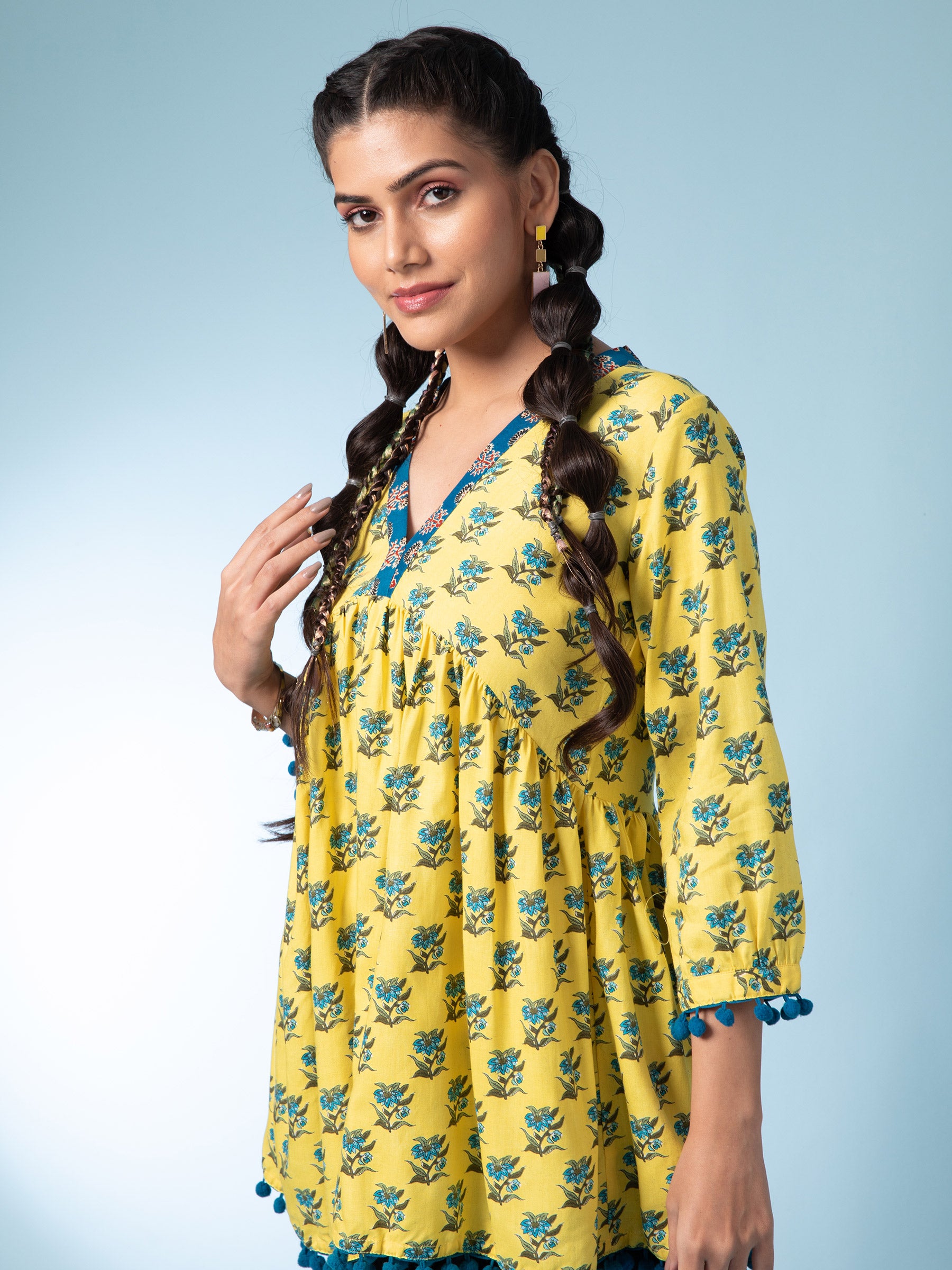 Mustard Floral Printed Cotton Tunic - Global Republic