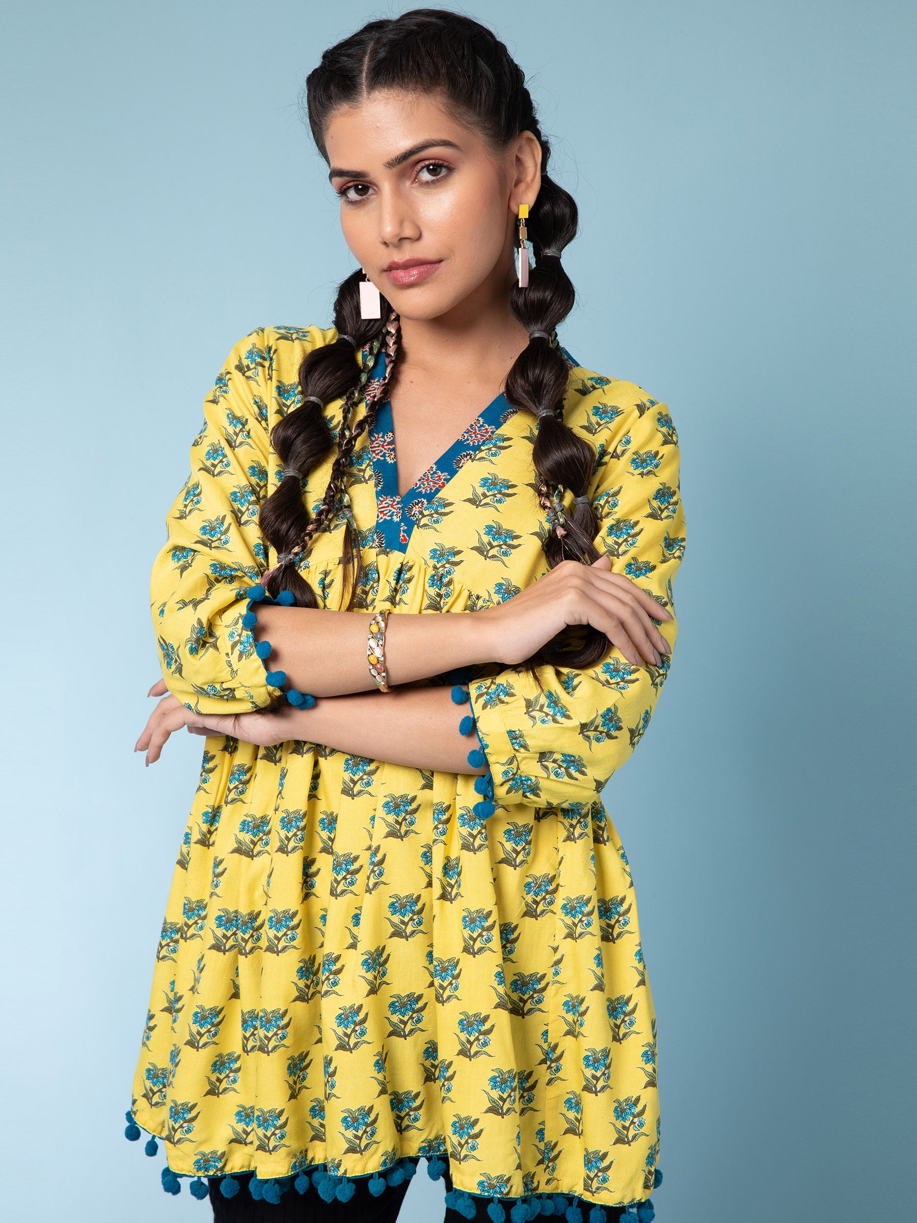 Mustard Floral Printed Cotton Tunic - Global Republic
