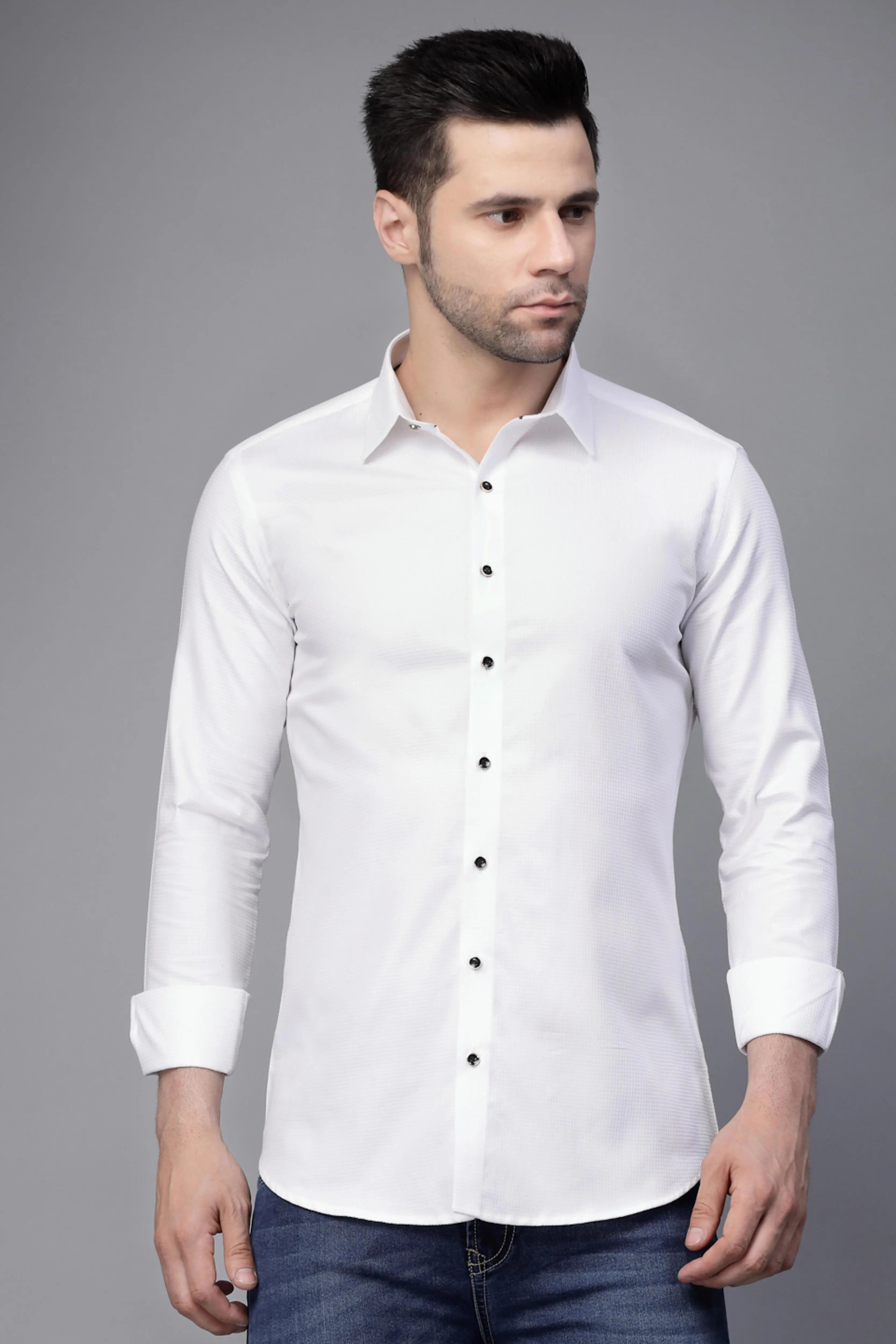 Mens White Collar Neck Solid Regular Shirt - Global Republic