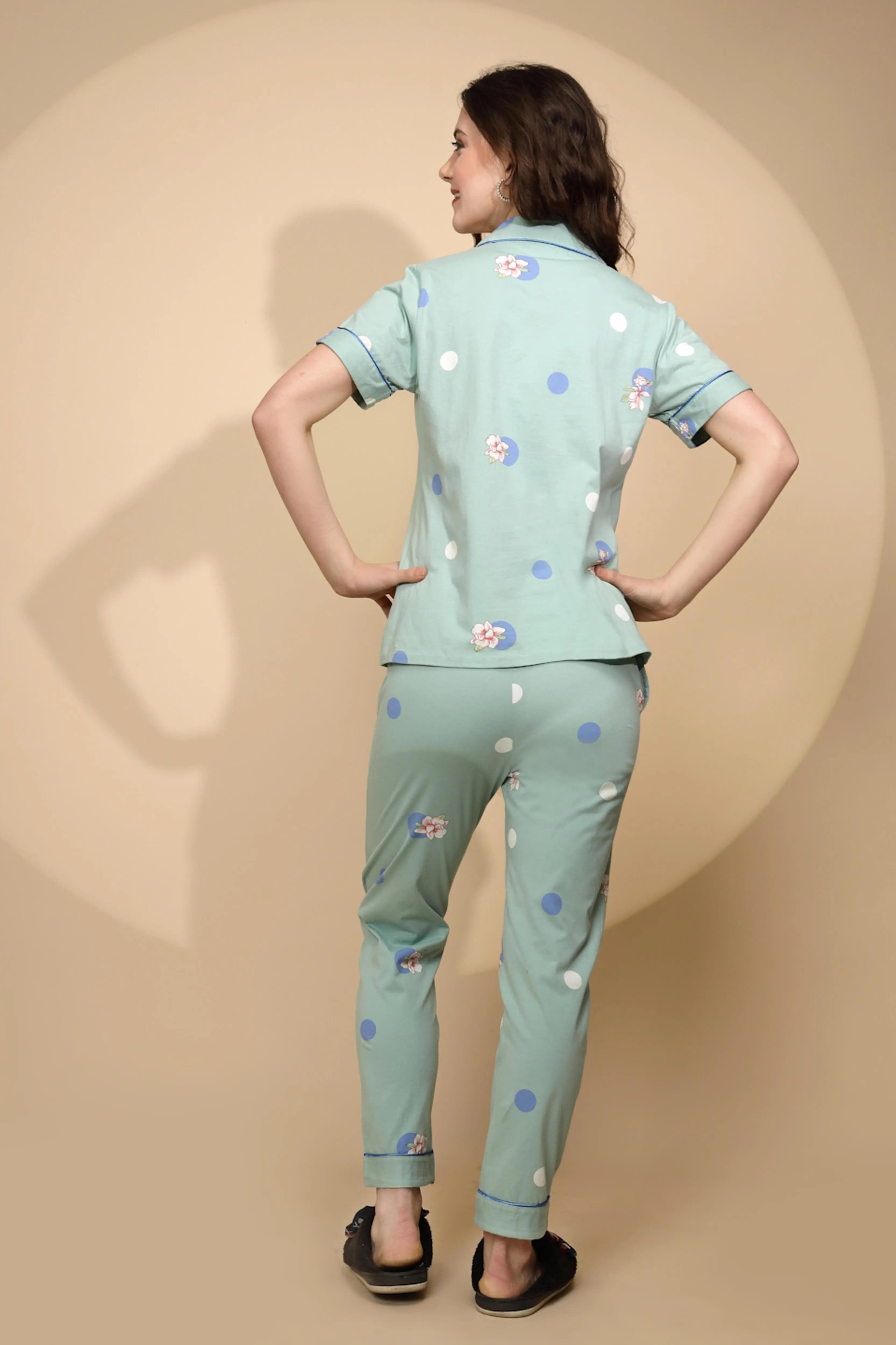 Green Cotton Blend Regular Fit Night Suit For Women - Global Republic