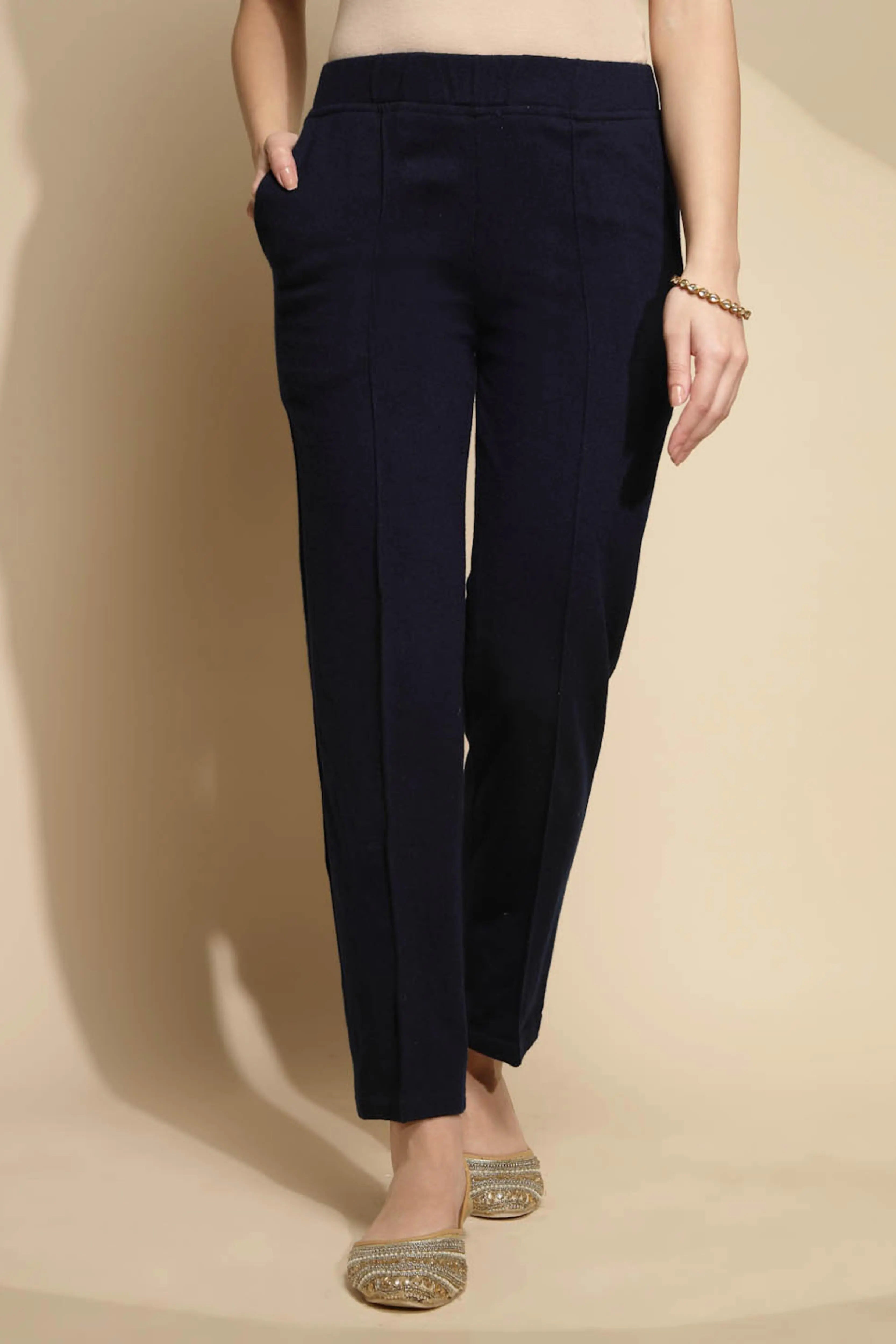 Solid Navy Cotton Mid Rise Ankle Length Pants - Global Republic