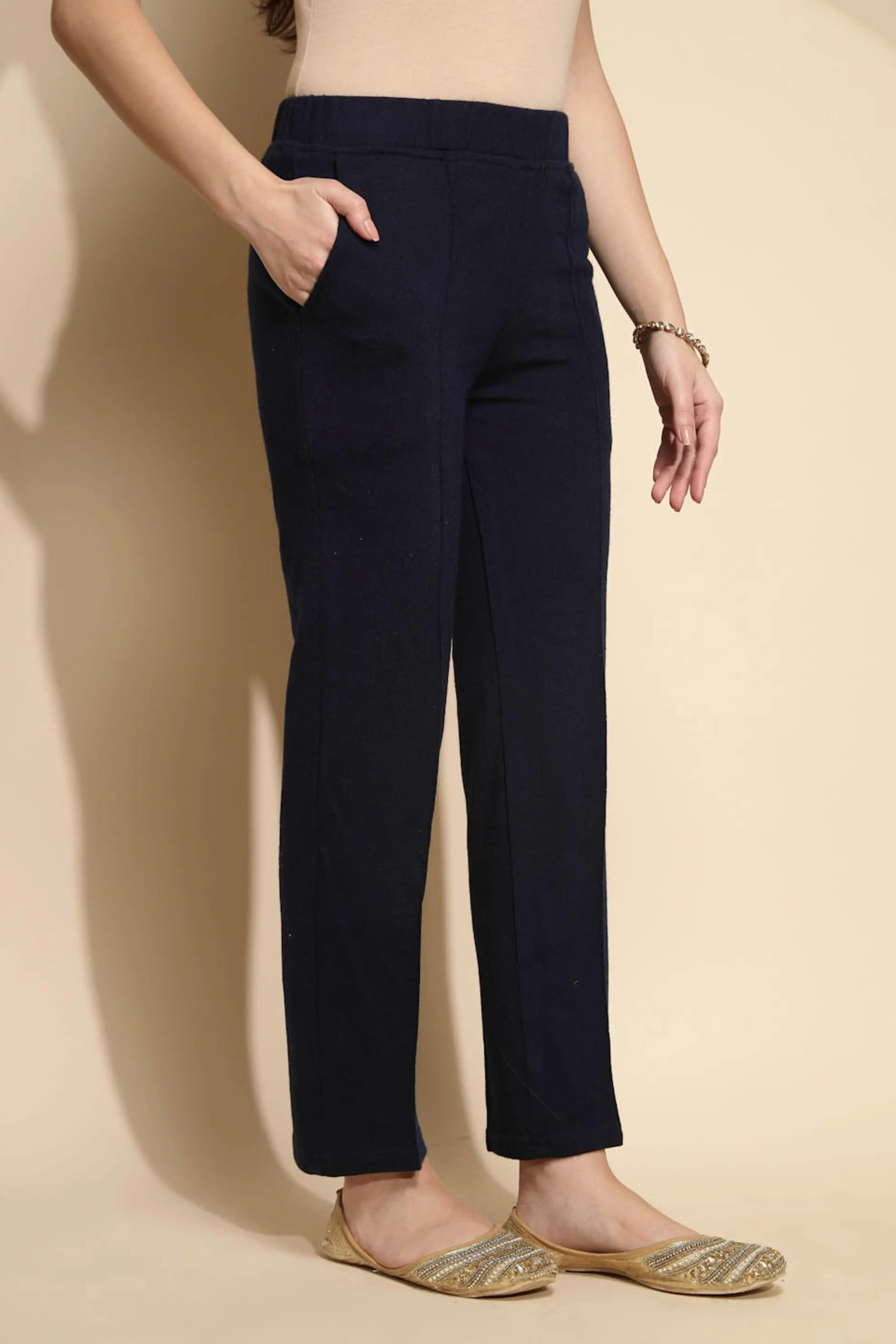 Solid Navy Cotton Mid Rise Ankle Length Pants - Global Republic