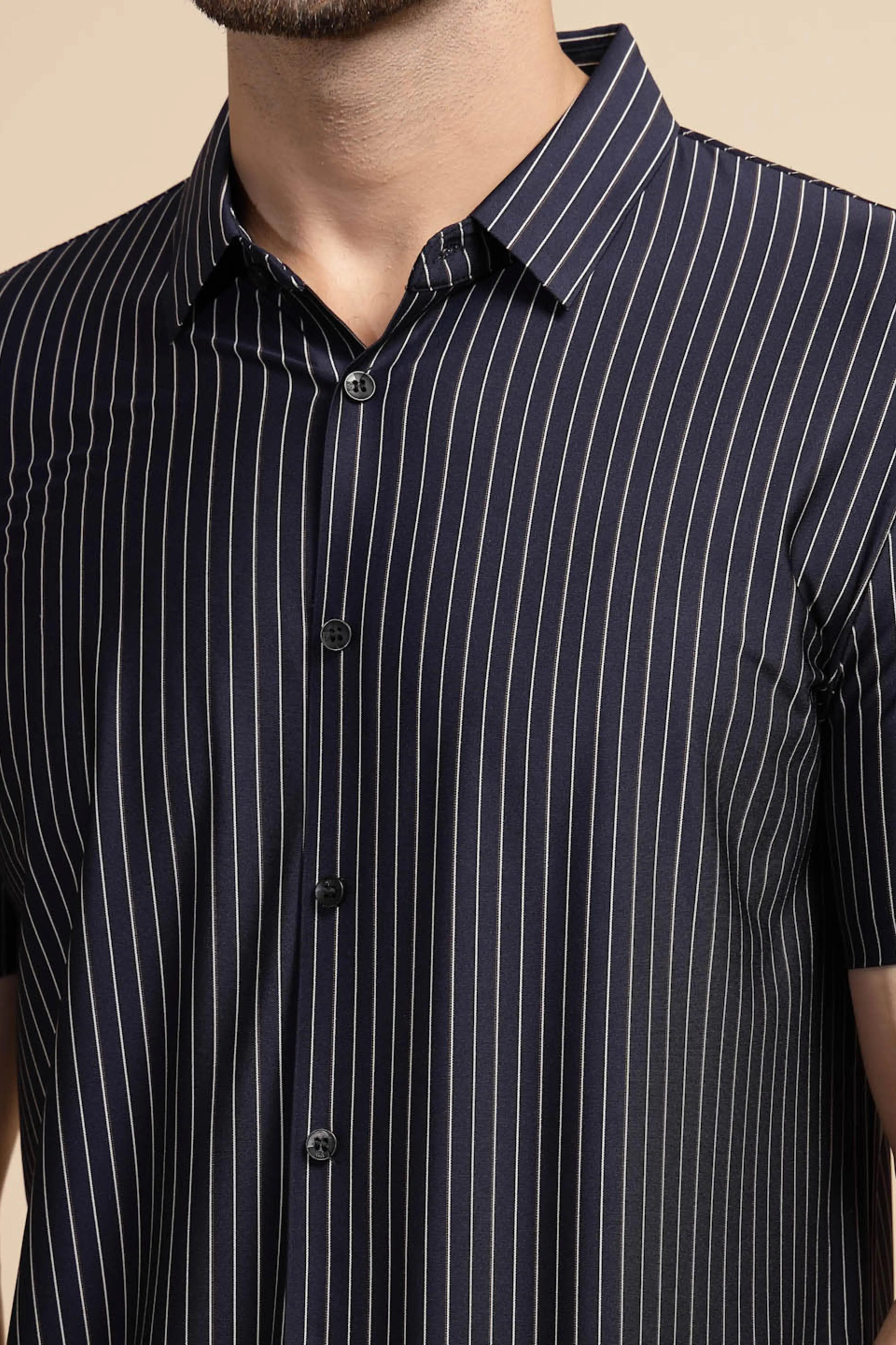 Blue Striped Half Sleeve Collared Neck Cotton Shirt - Global Republic