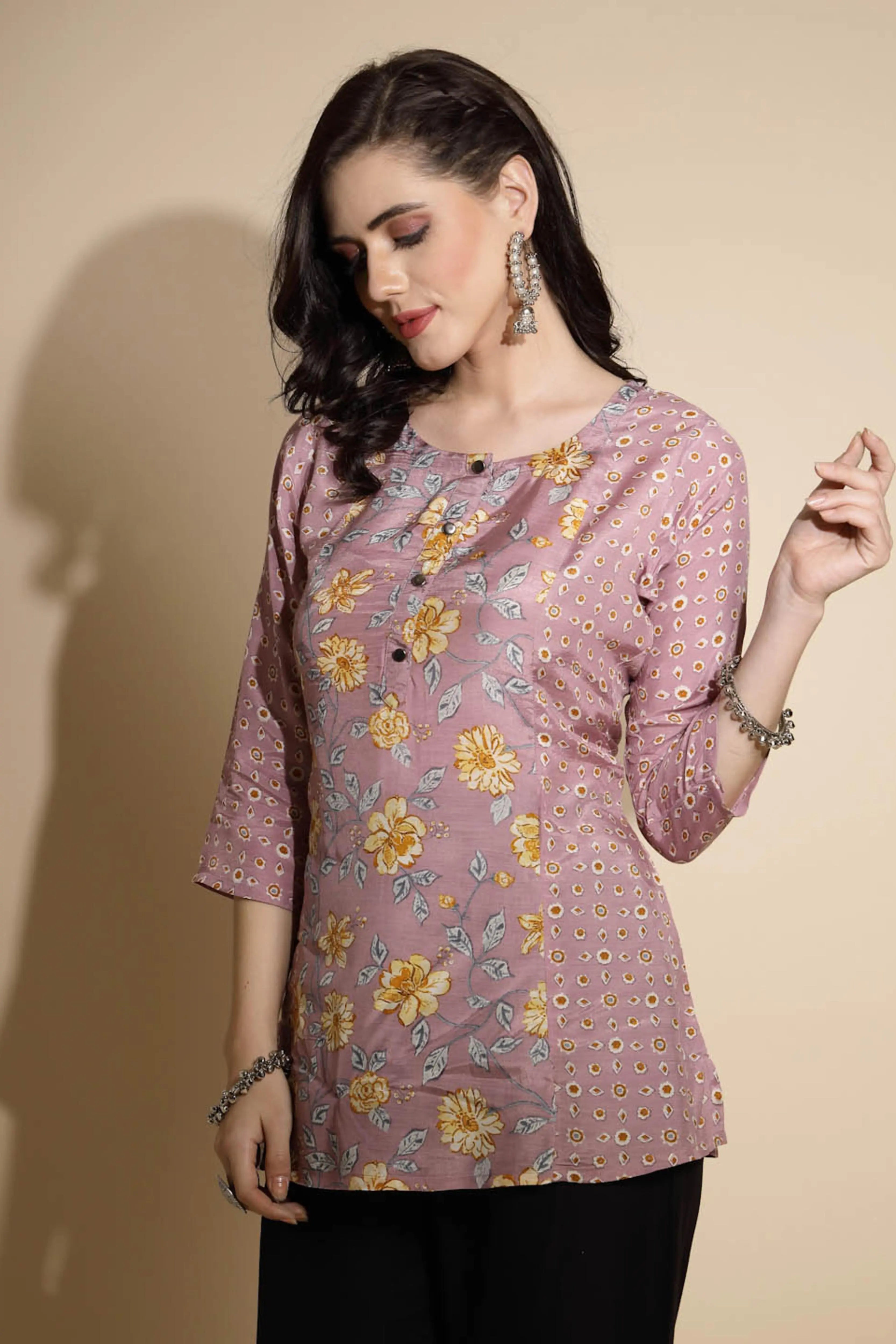 Mauve Floral Print Satin Tunic - Global Republic