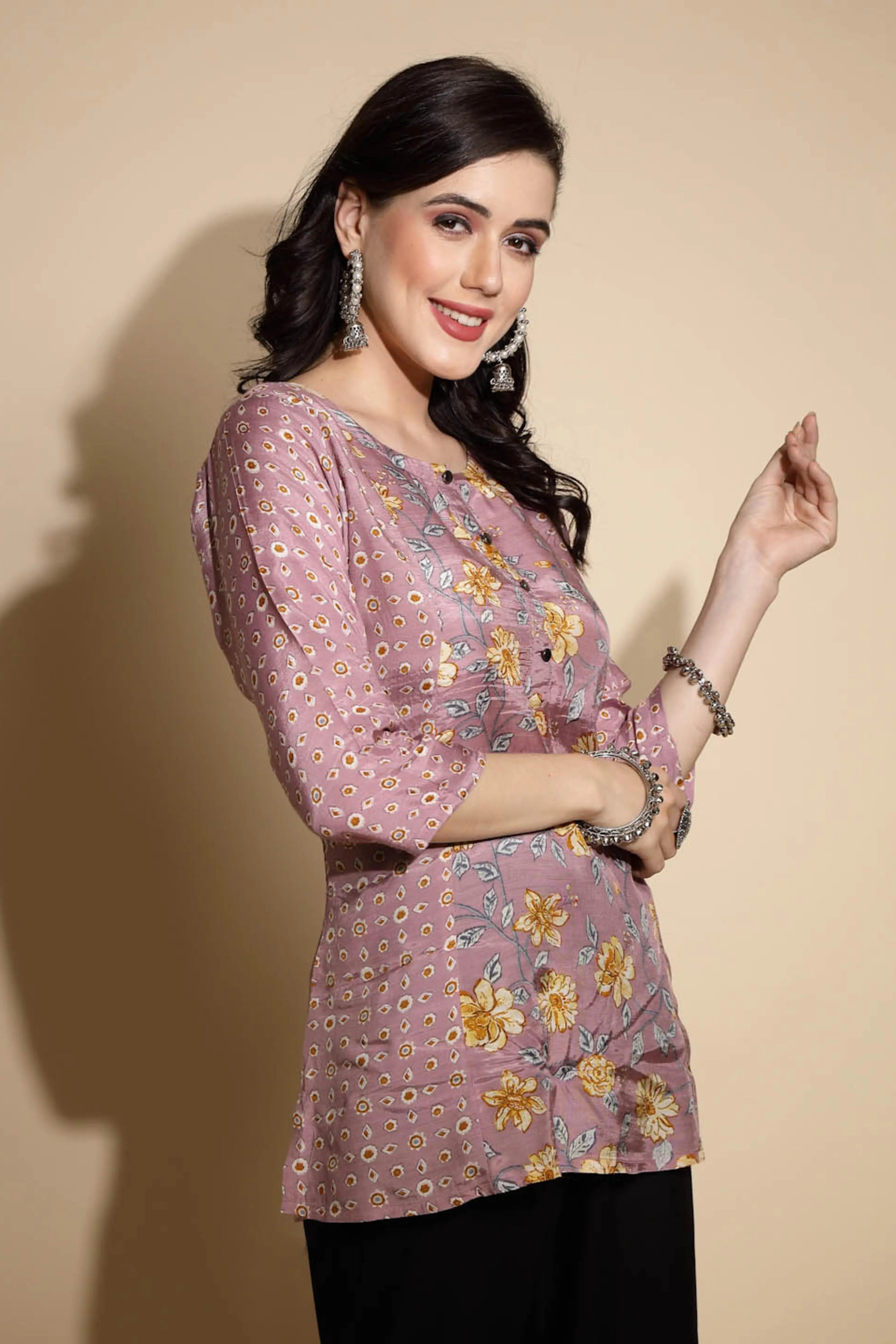 Mauve Floral Print Satin Tunic - Global Republic