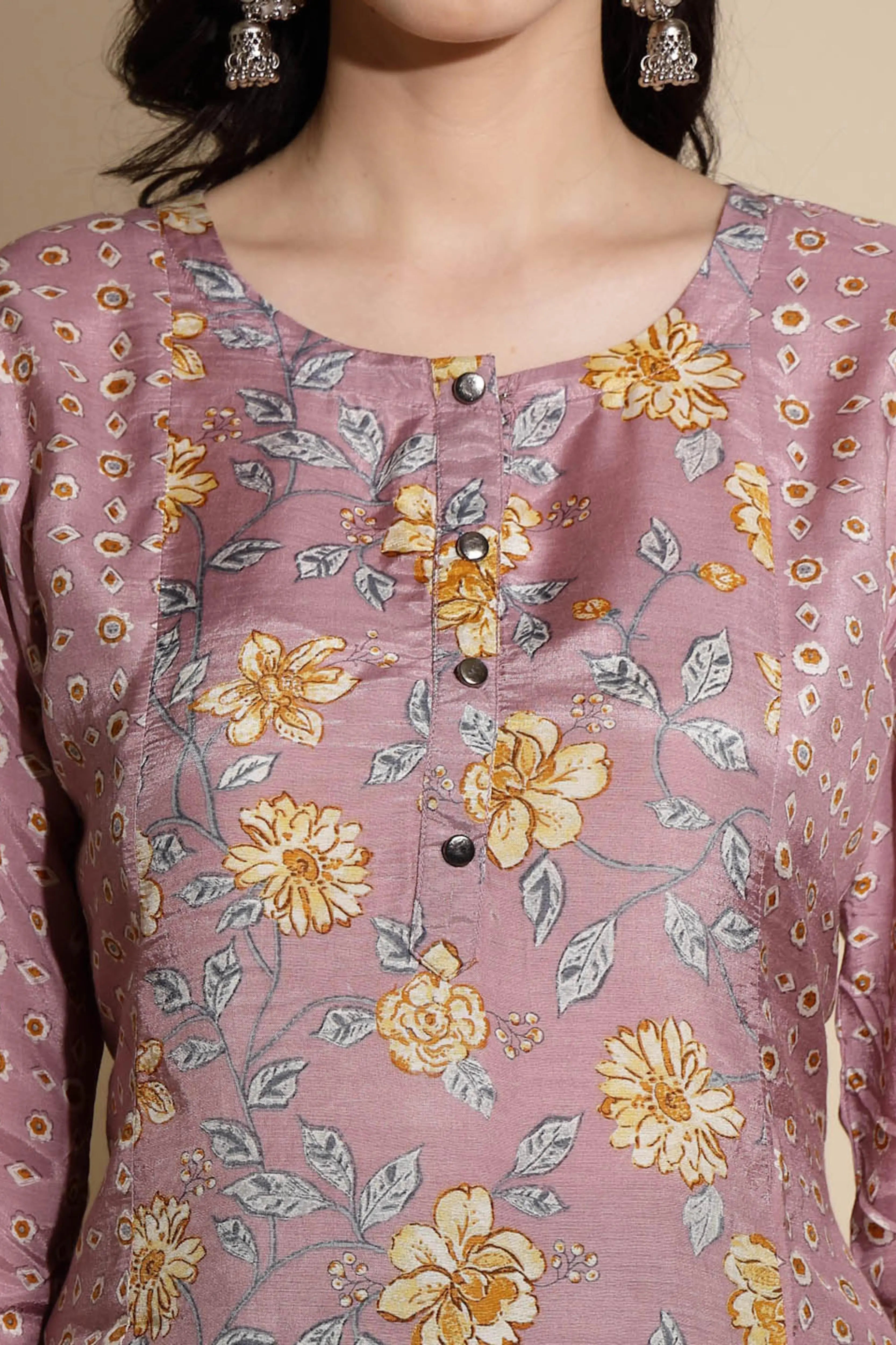 Mauve Floral Print Satin Tunic - Global Republic