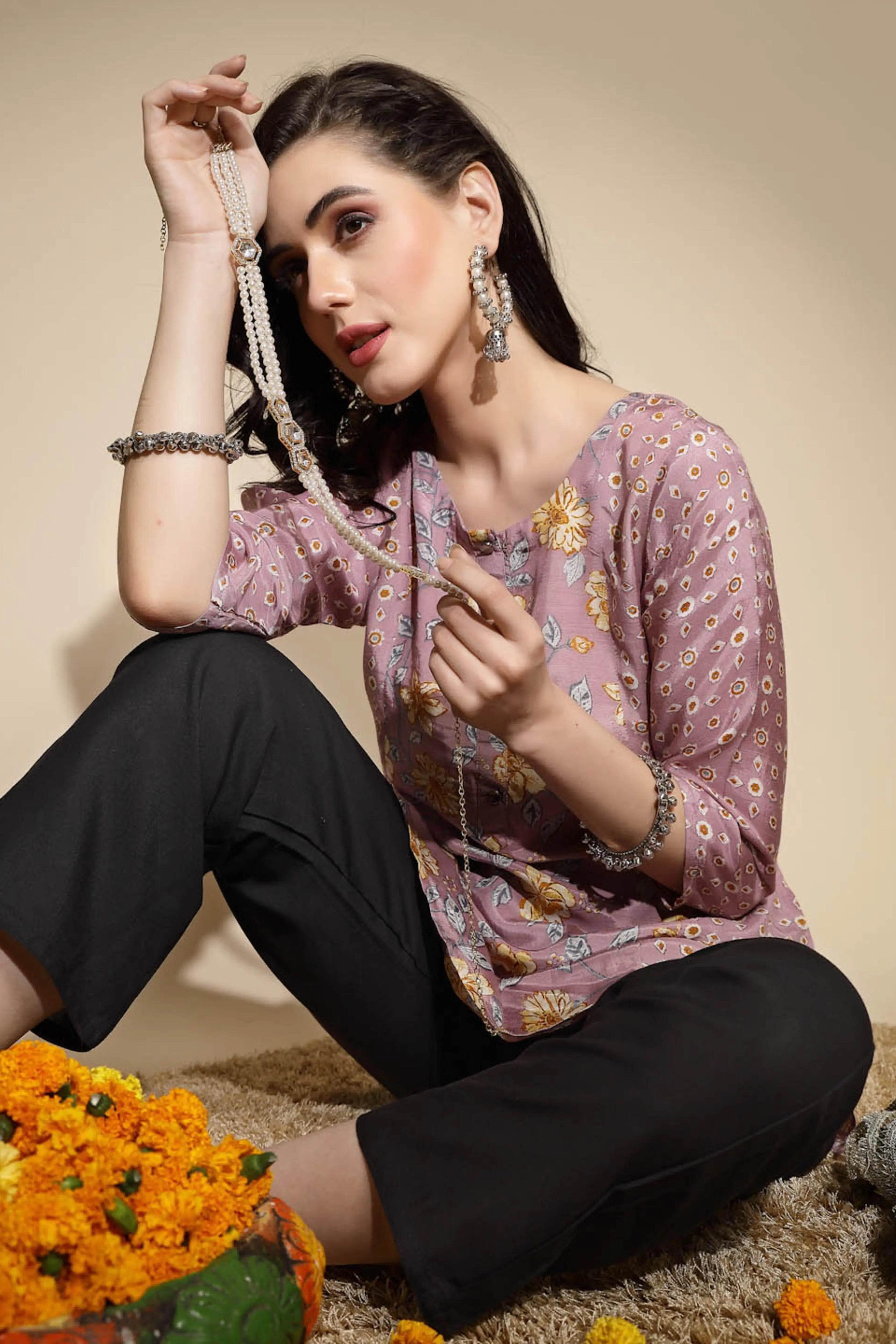 Mauve Floral Print Satin Tunic - Global Republic