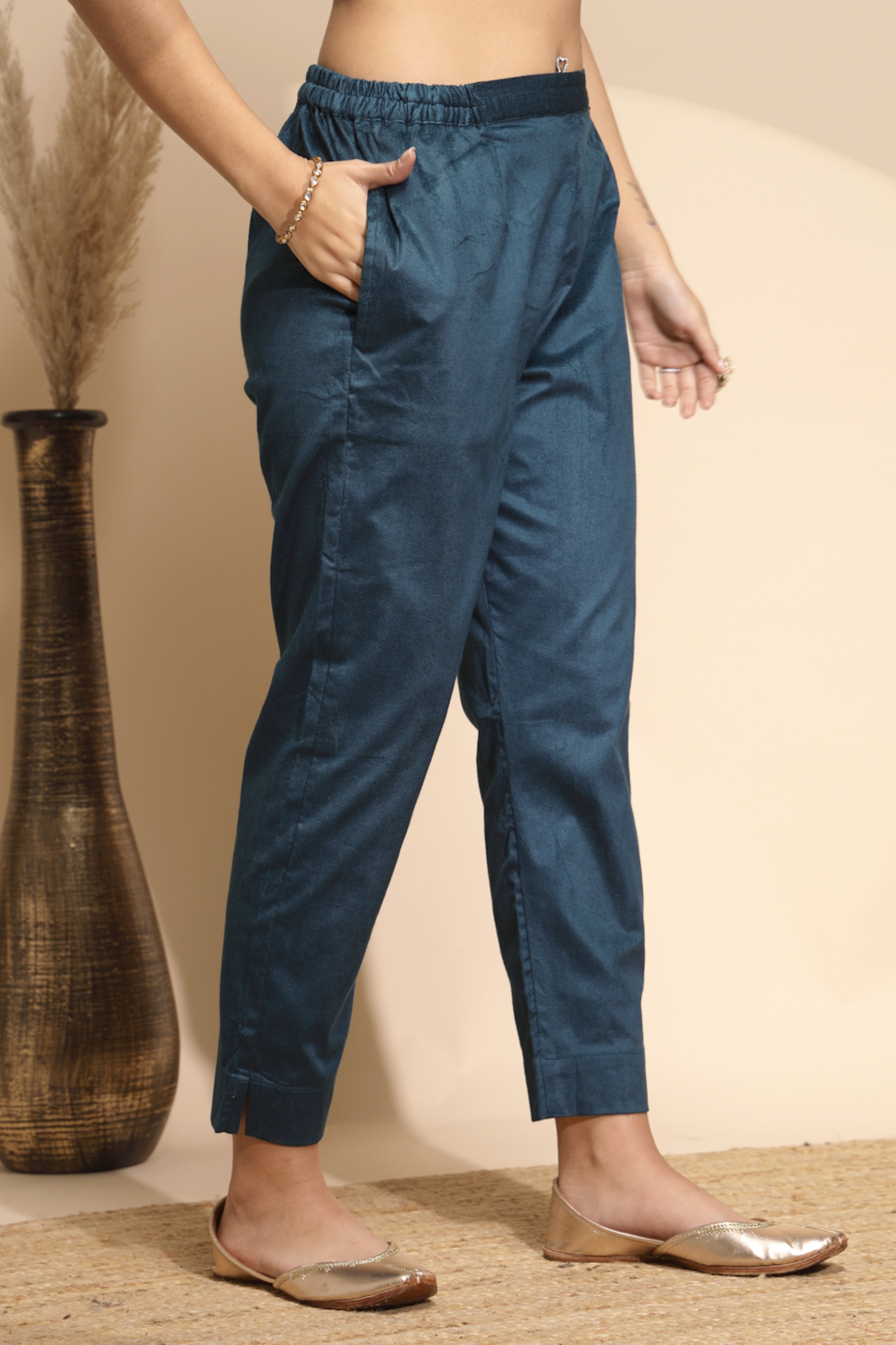 Blue Wool Blend Solid Pant