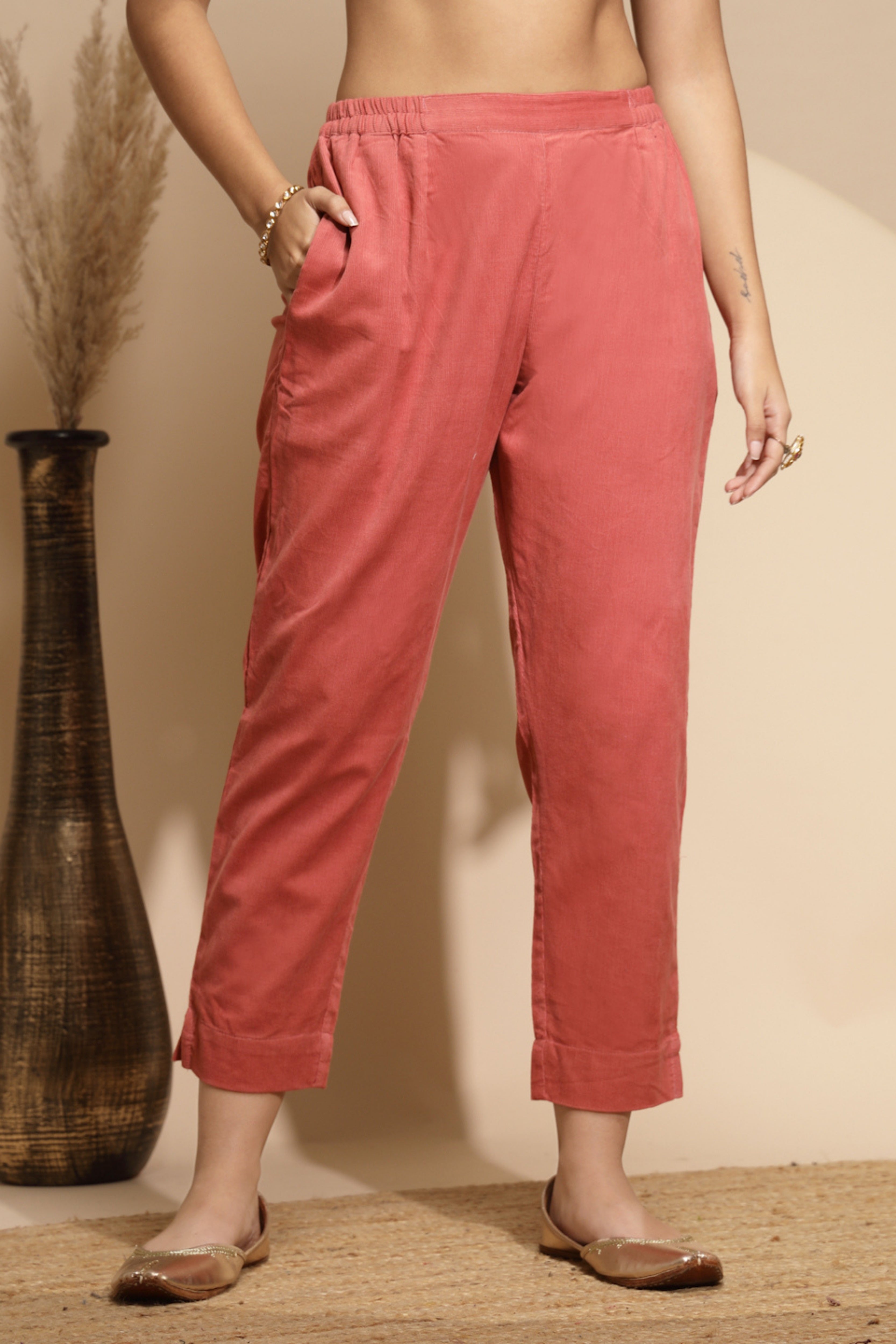 Peach Solid Wool Blend Pant