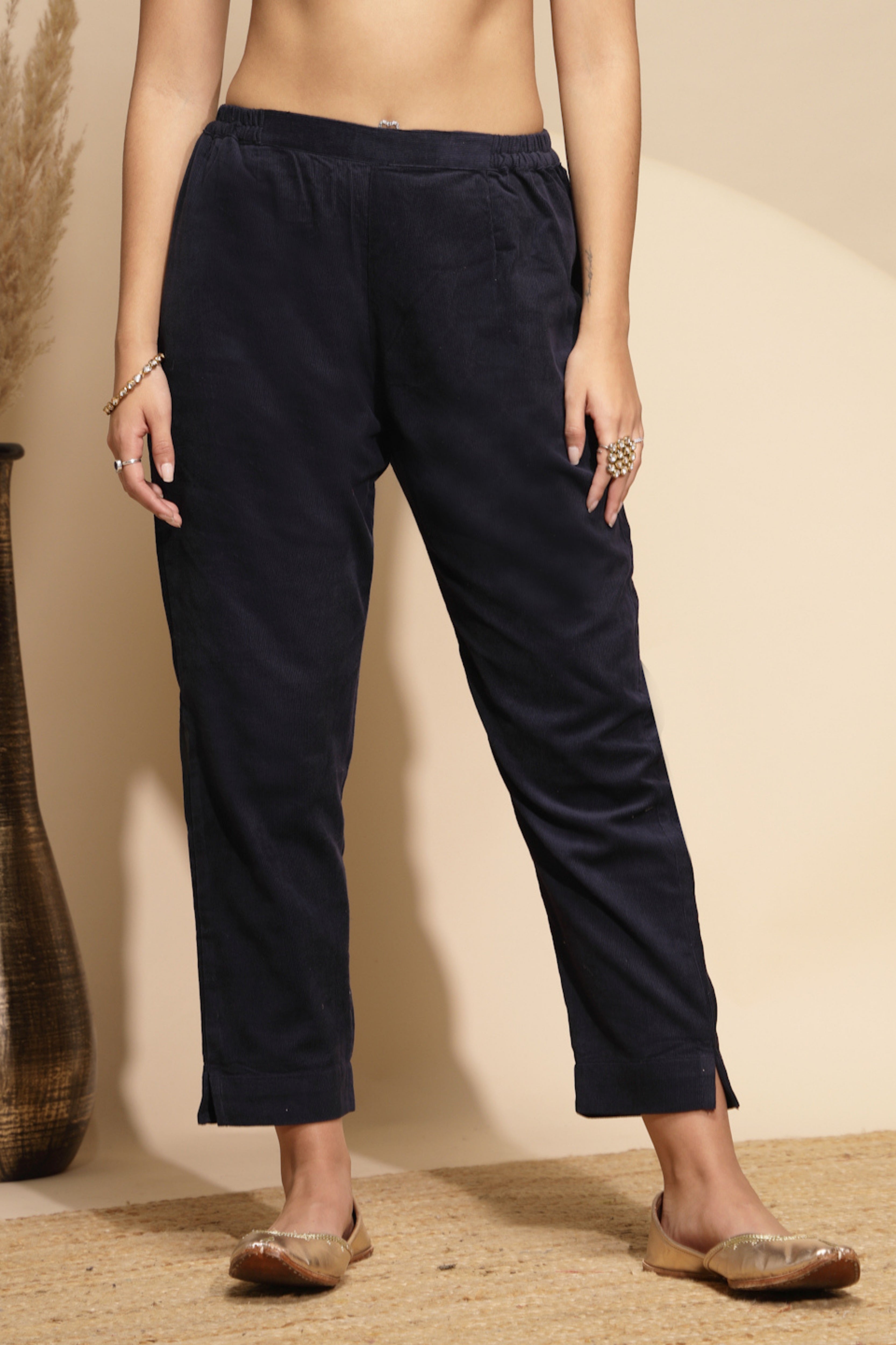 Blue Solid Wool Blend Pant