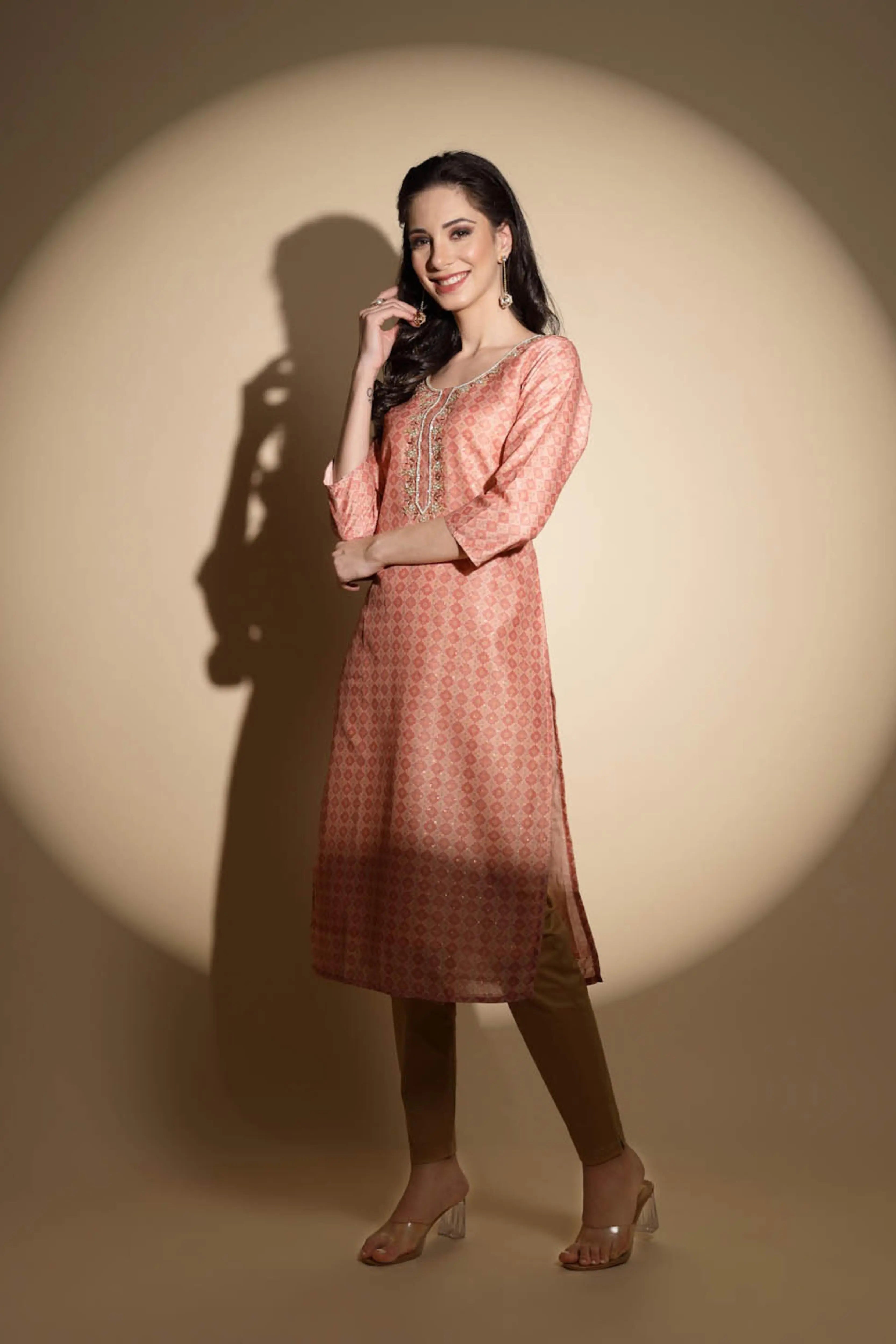 Peach Embroidered Muslin Kurta