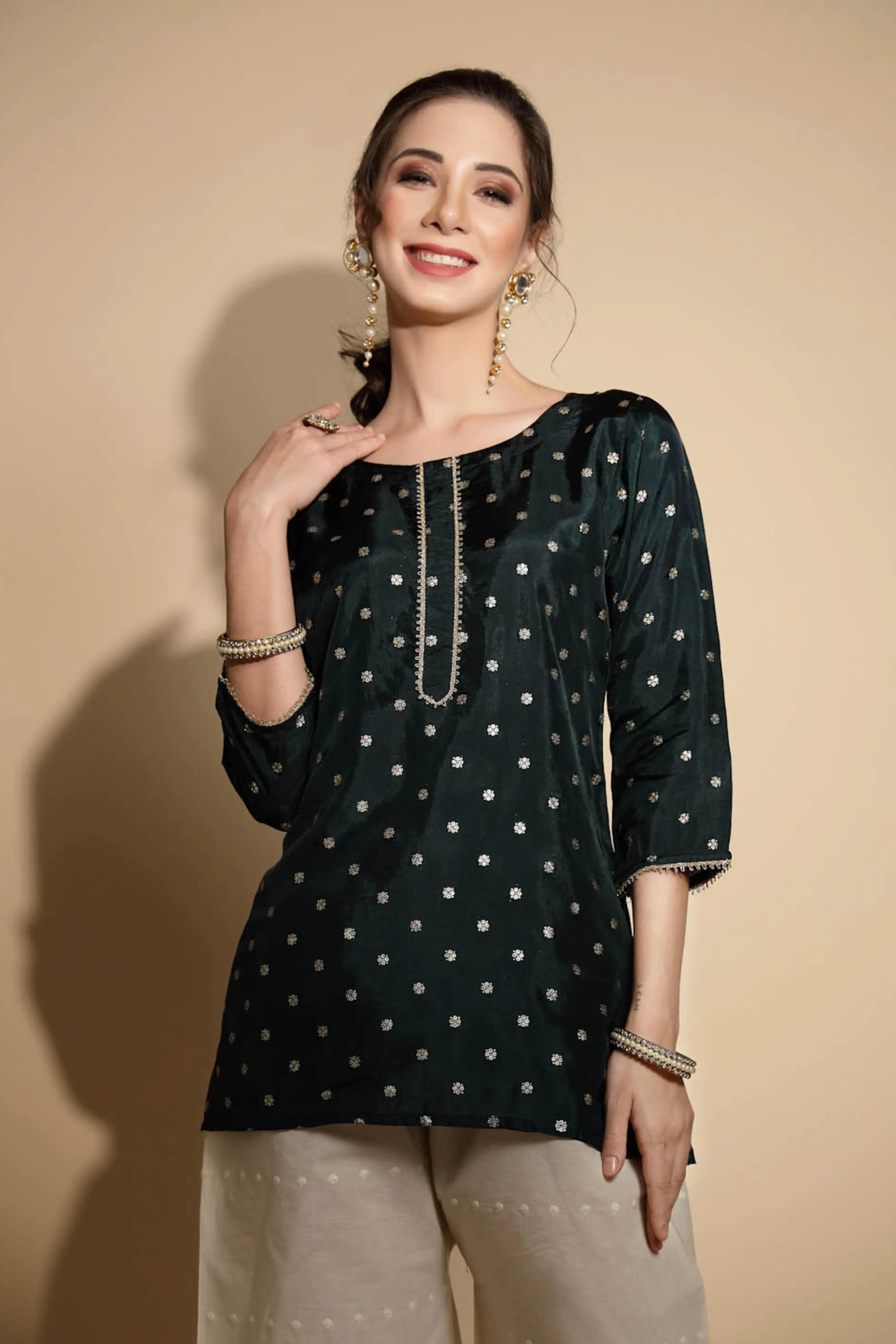 Green Embroidered Satin Tunic - Global Republic