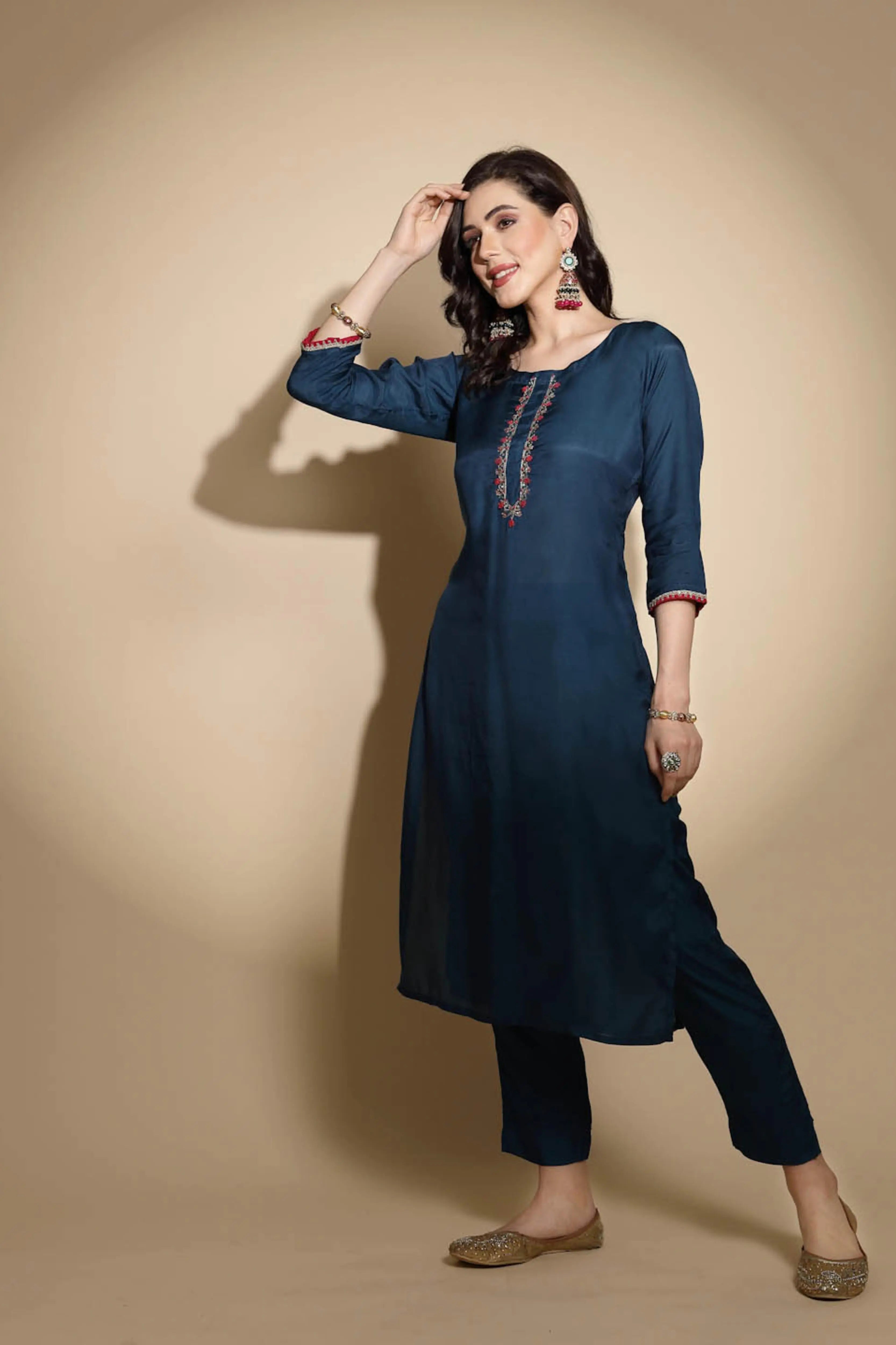 Teal Embroidered Cotton Suit Set - Global Republic