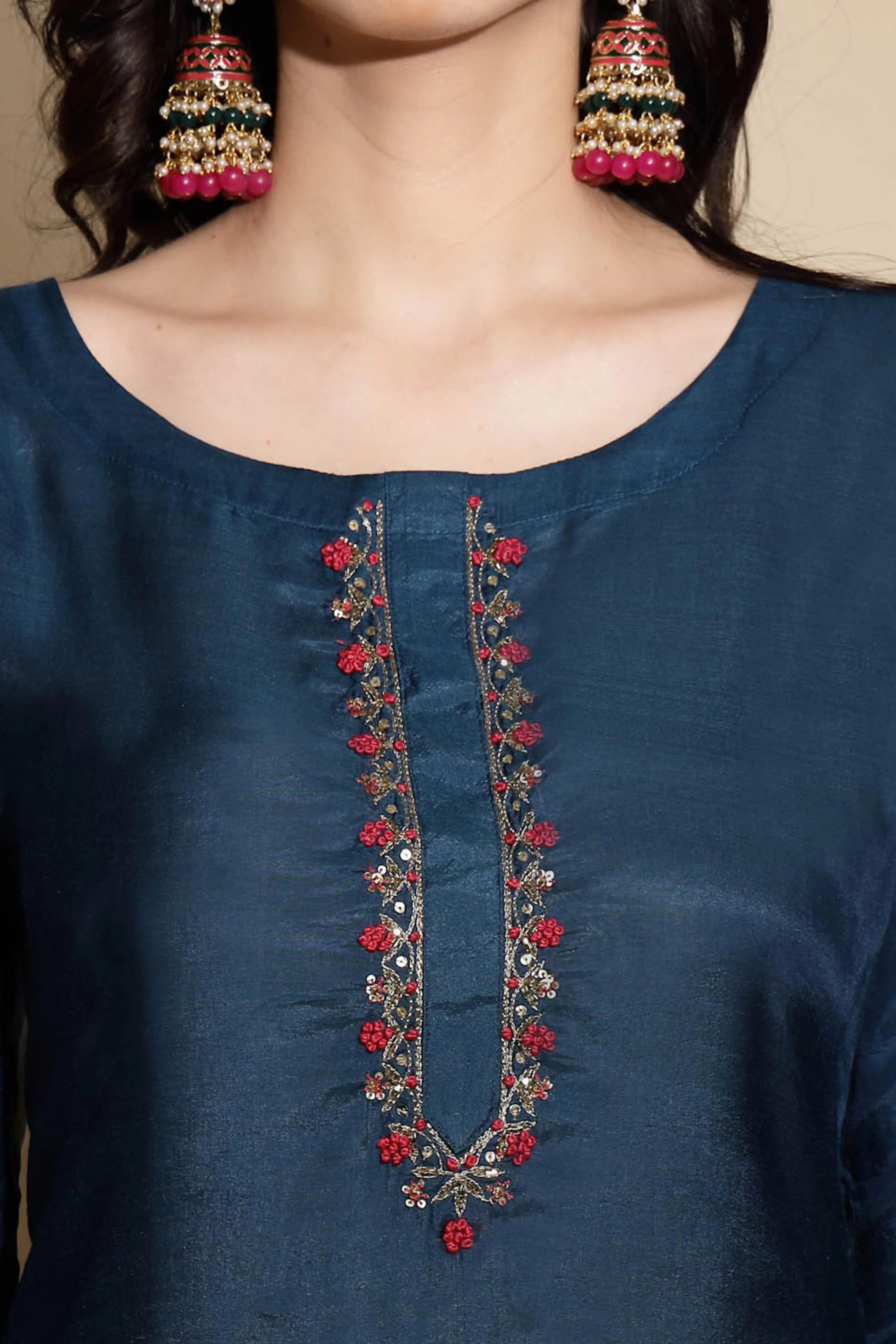 Teal Embroidered Cotton Suit Set - Global Republic