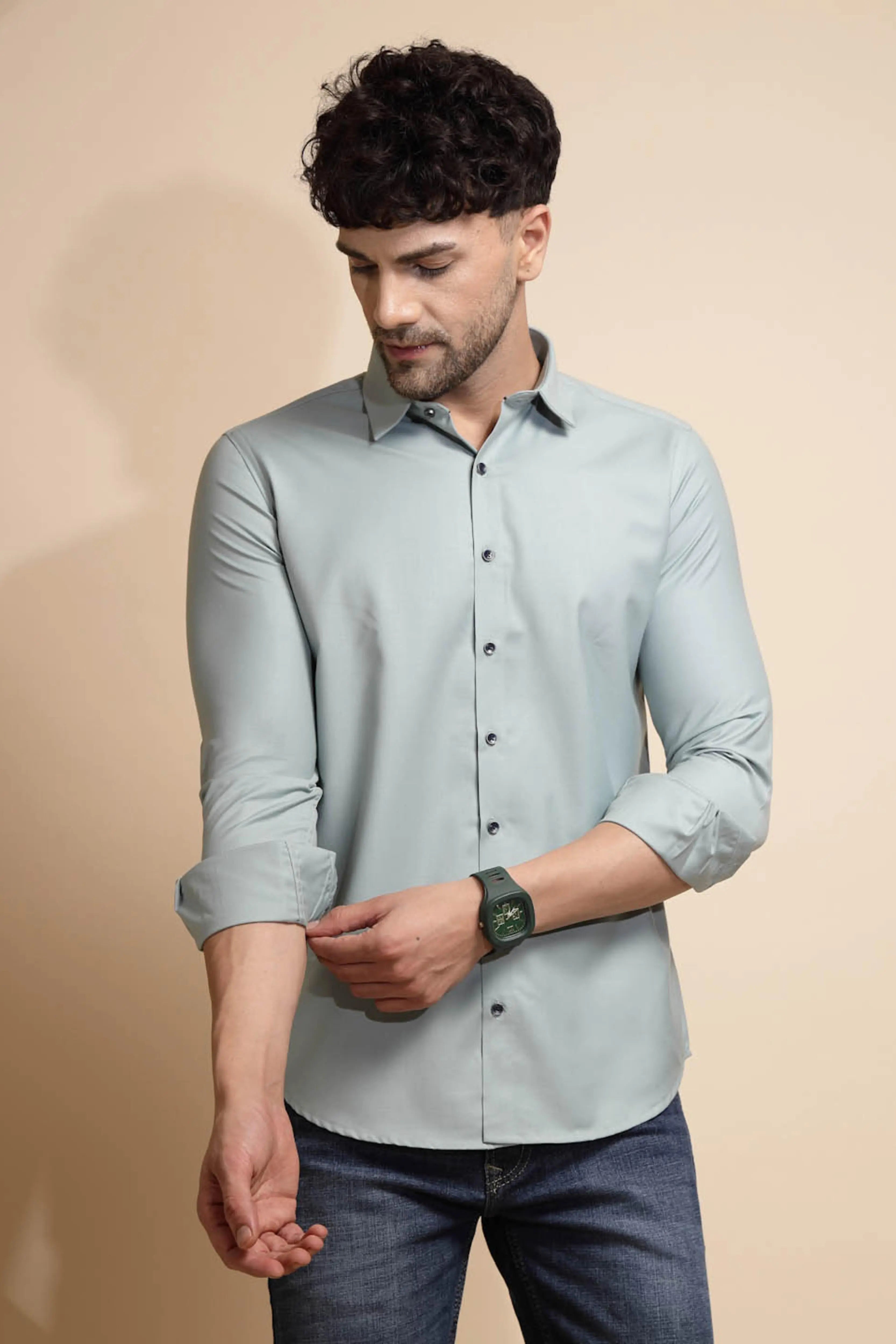 Blue Solid Cotton Blend Shirt - Global Republic