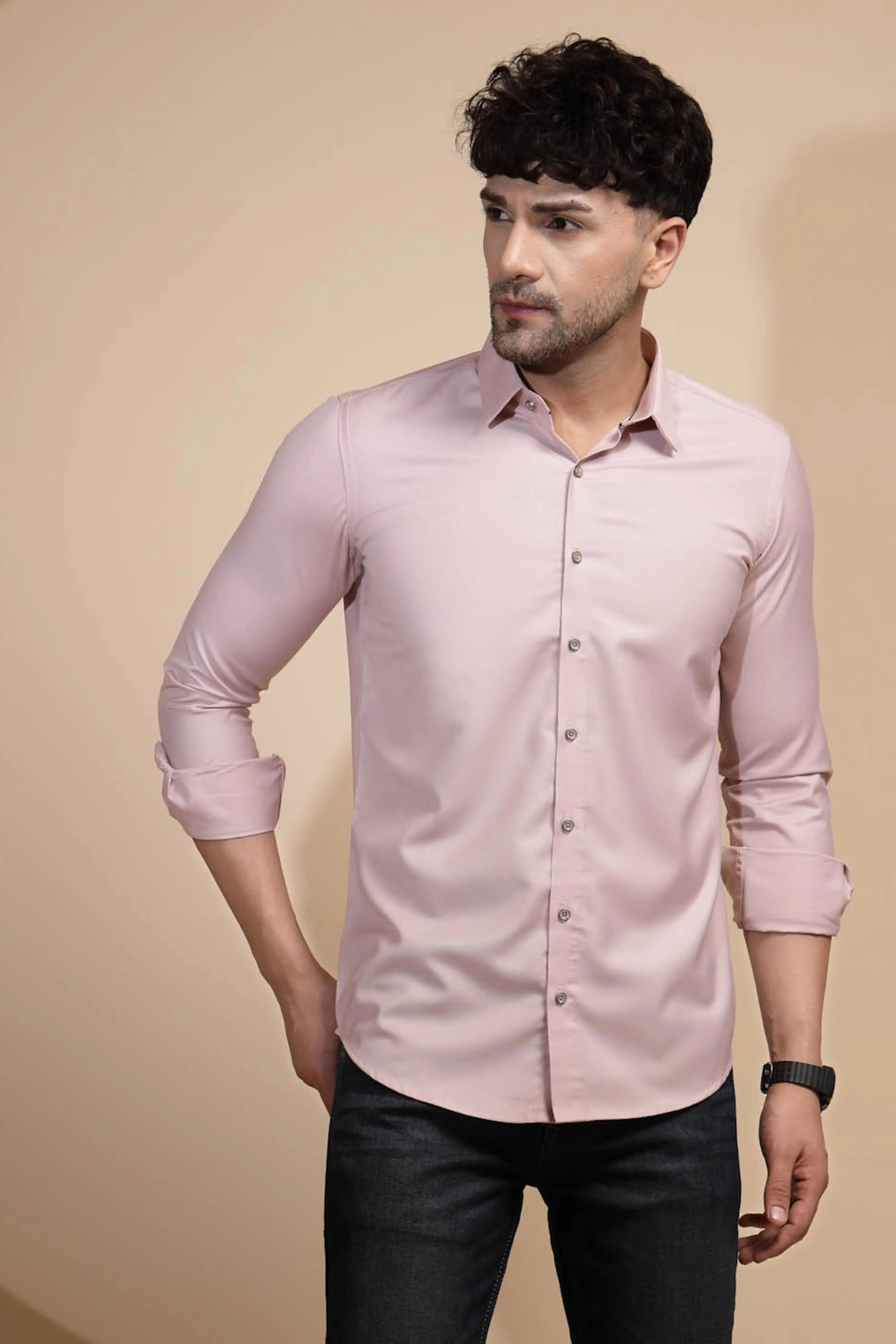 Pink Solid Full Sleeve Collared Neck Cotton Blend Shirt - Global Republic