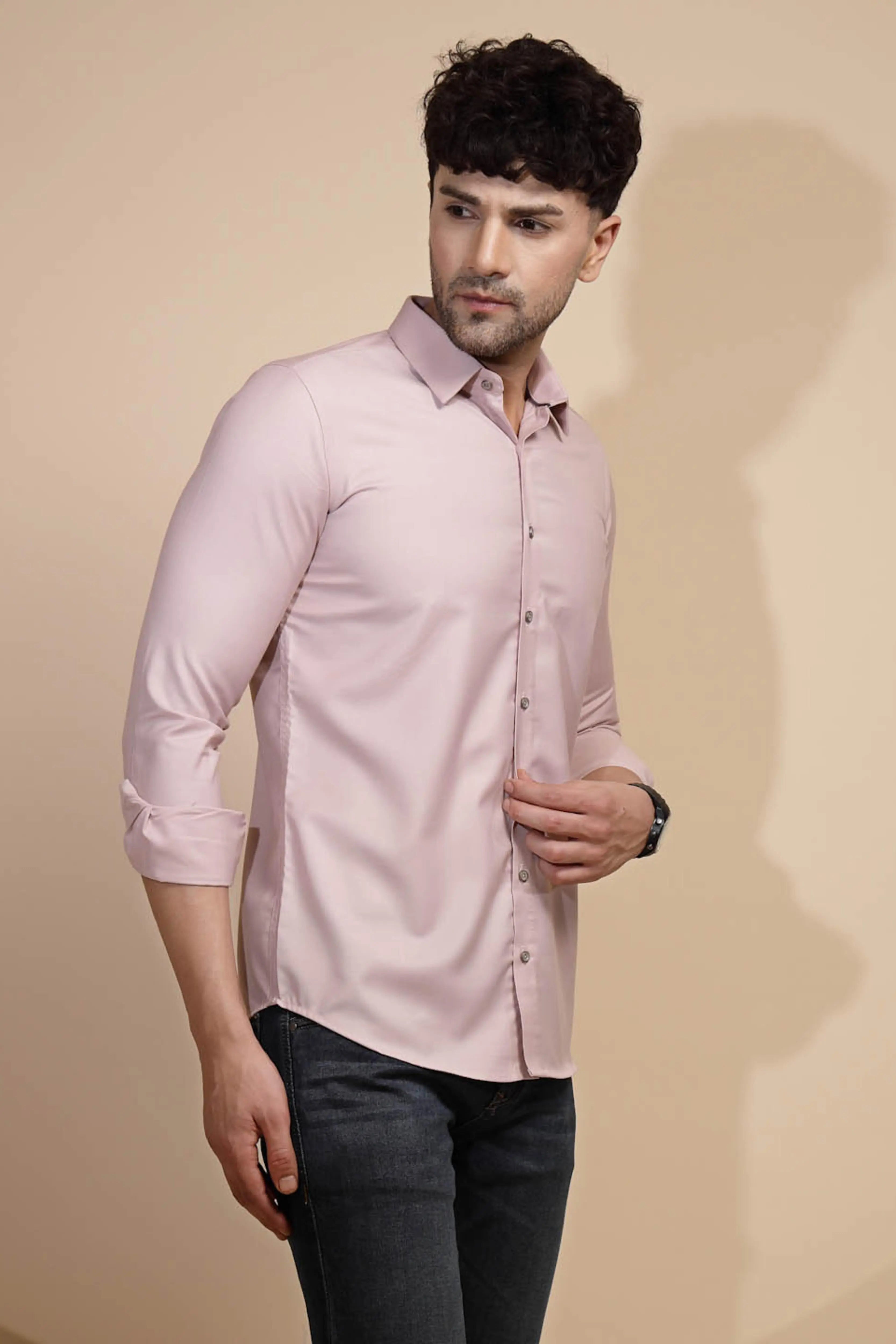 Pink Solid Full Sleeve Collared Neck Cotton Blend Shirt - Global Republic