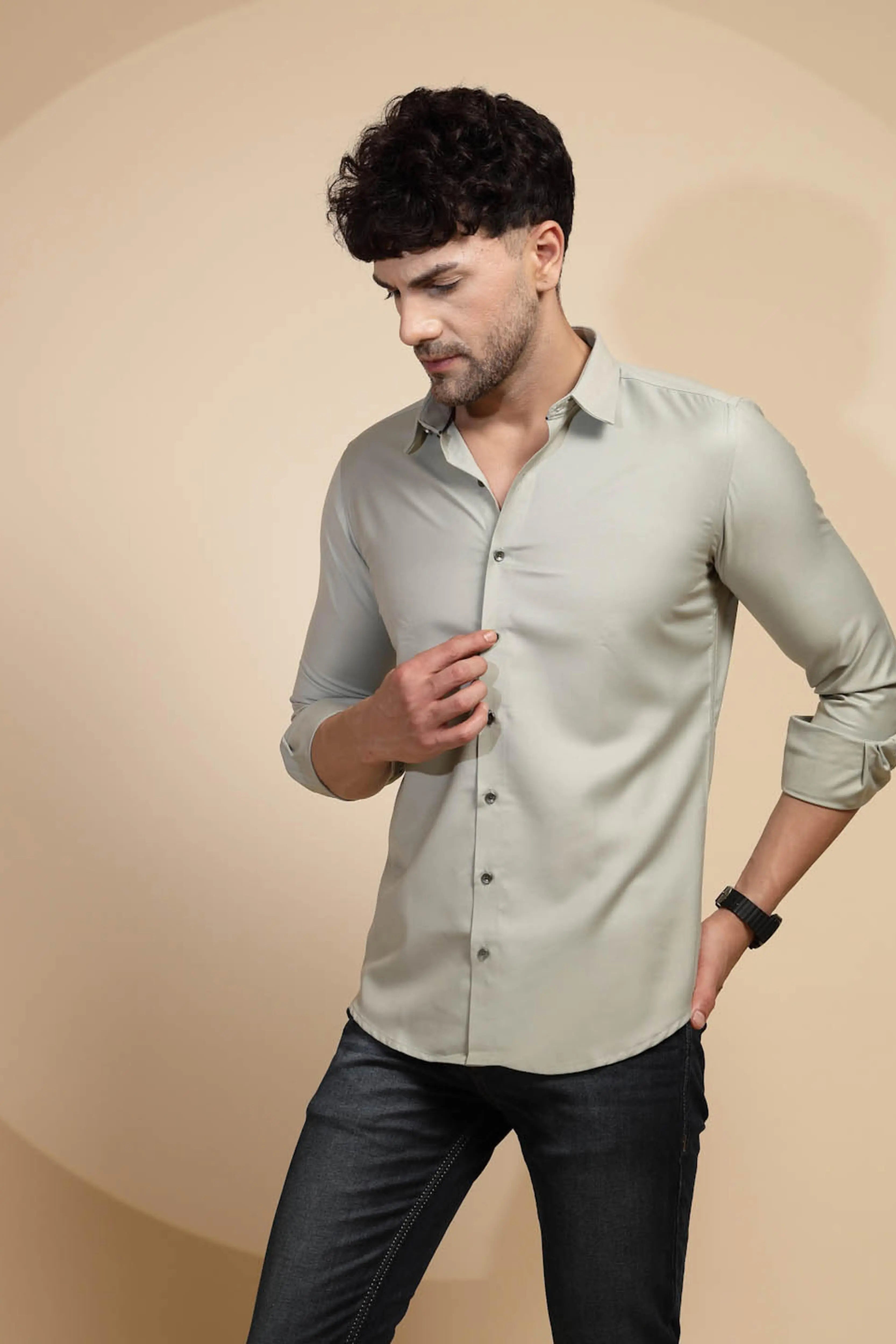 Grey Solid Cotton Blend Shirt - Global Republic
