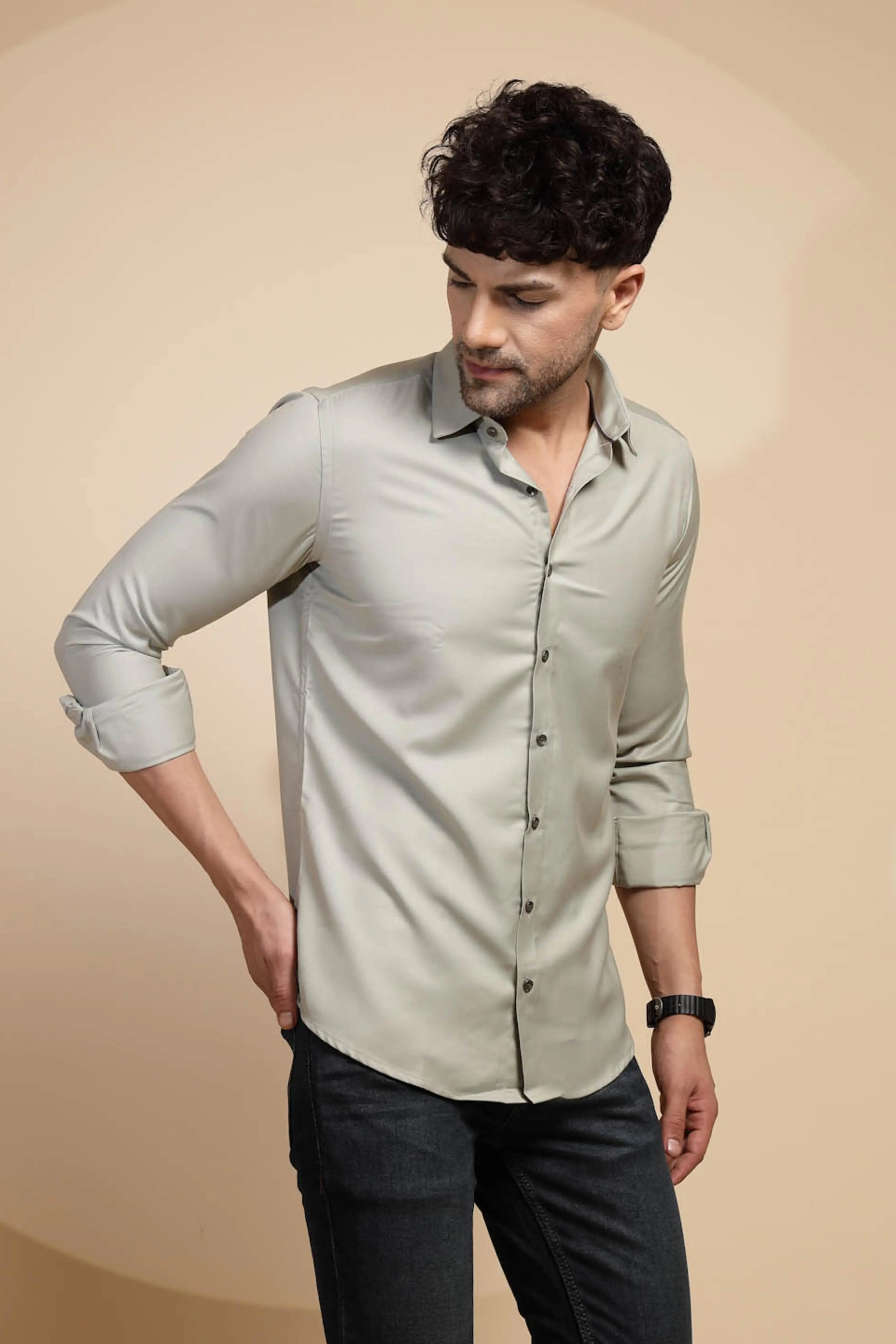 Grey Solid Cotton Blend Shirt - Global Republic
