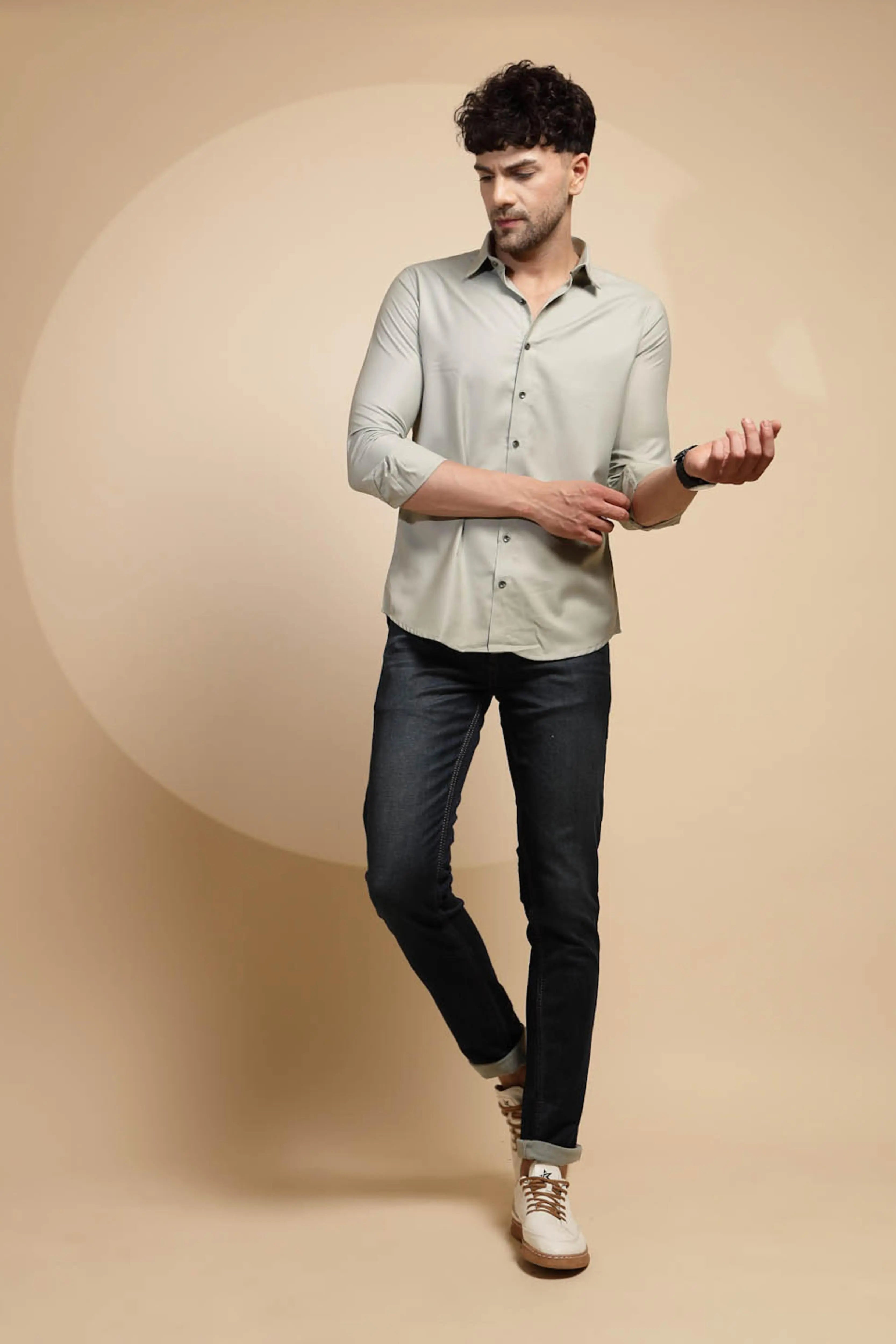 Grey Solid Cotton Blend Shirt