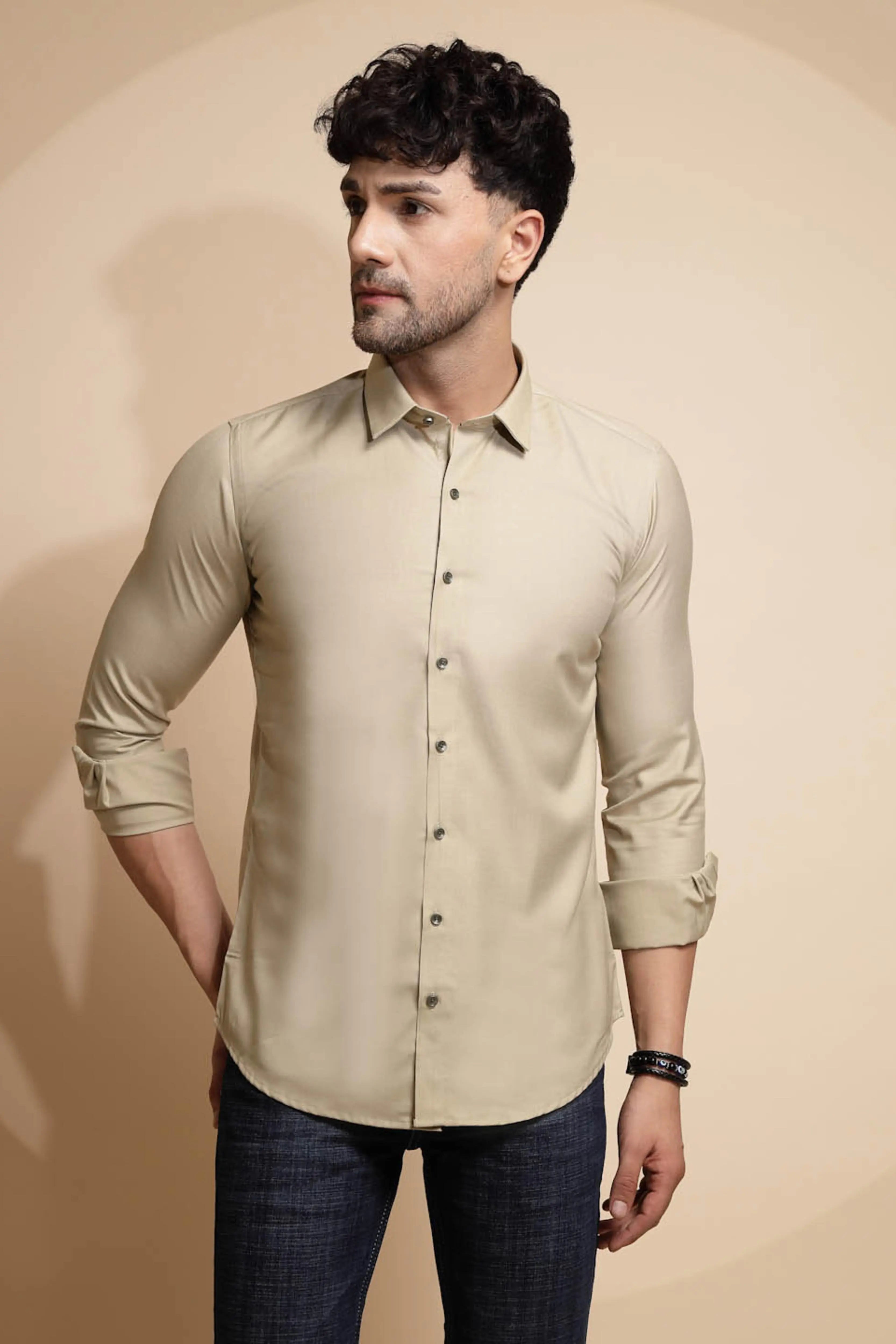 Beige Solid Full Sleeve Collared Neck Cotton Blend Shirt - Global Republic