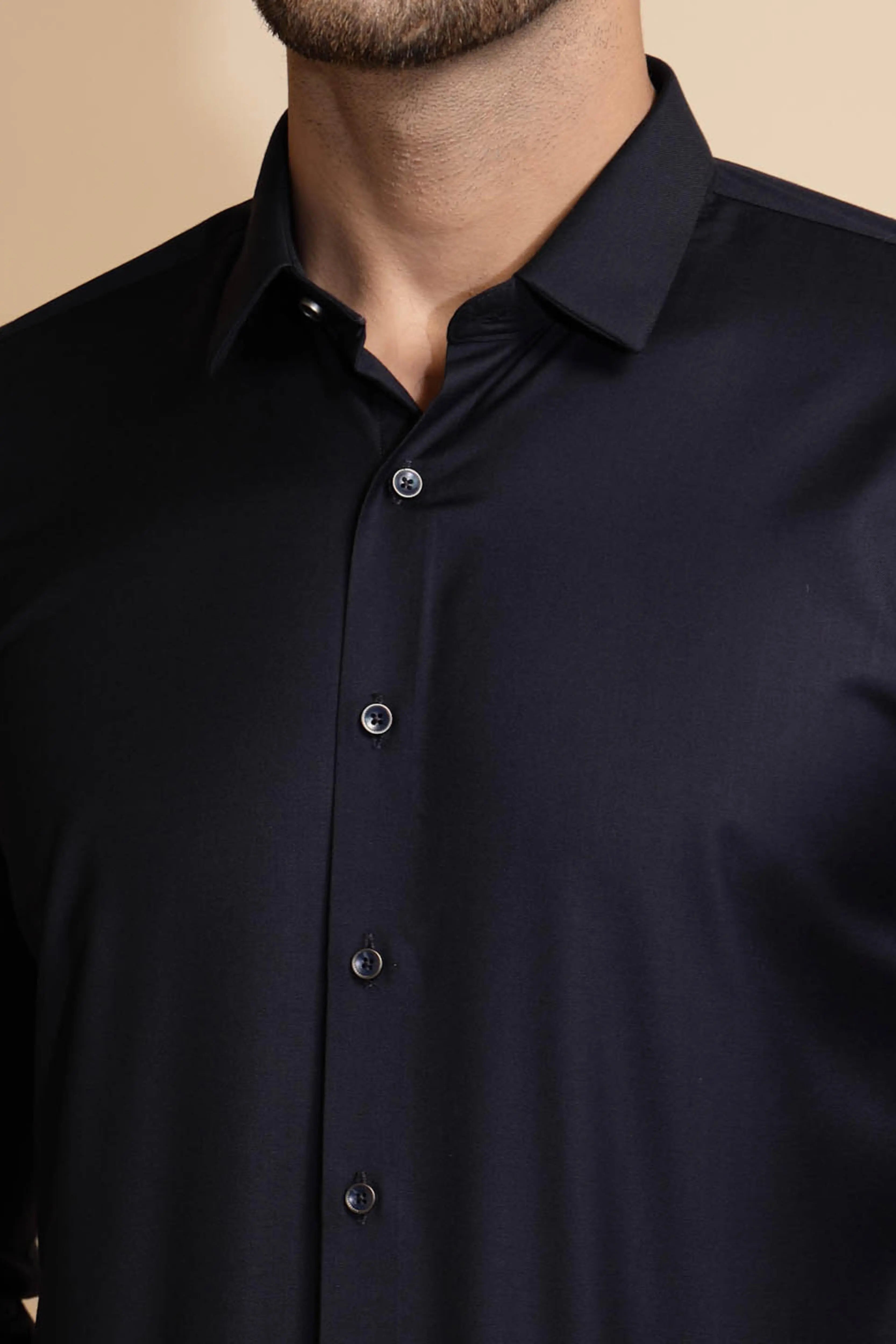 Blue Solid Full Sleeve Collar Neck Cotton Blend Shirt - Global Republic