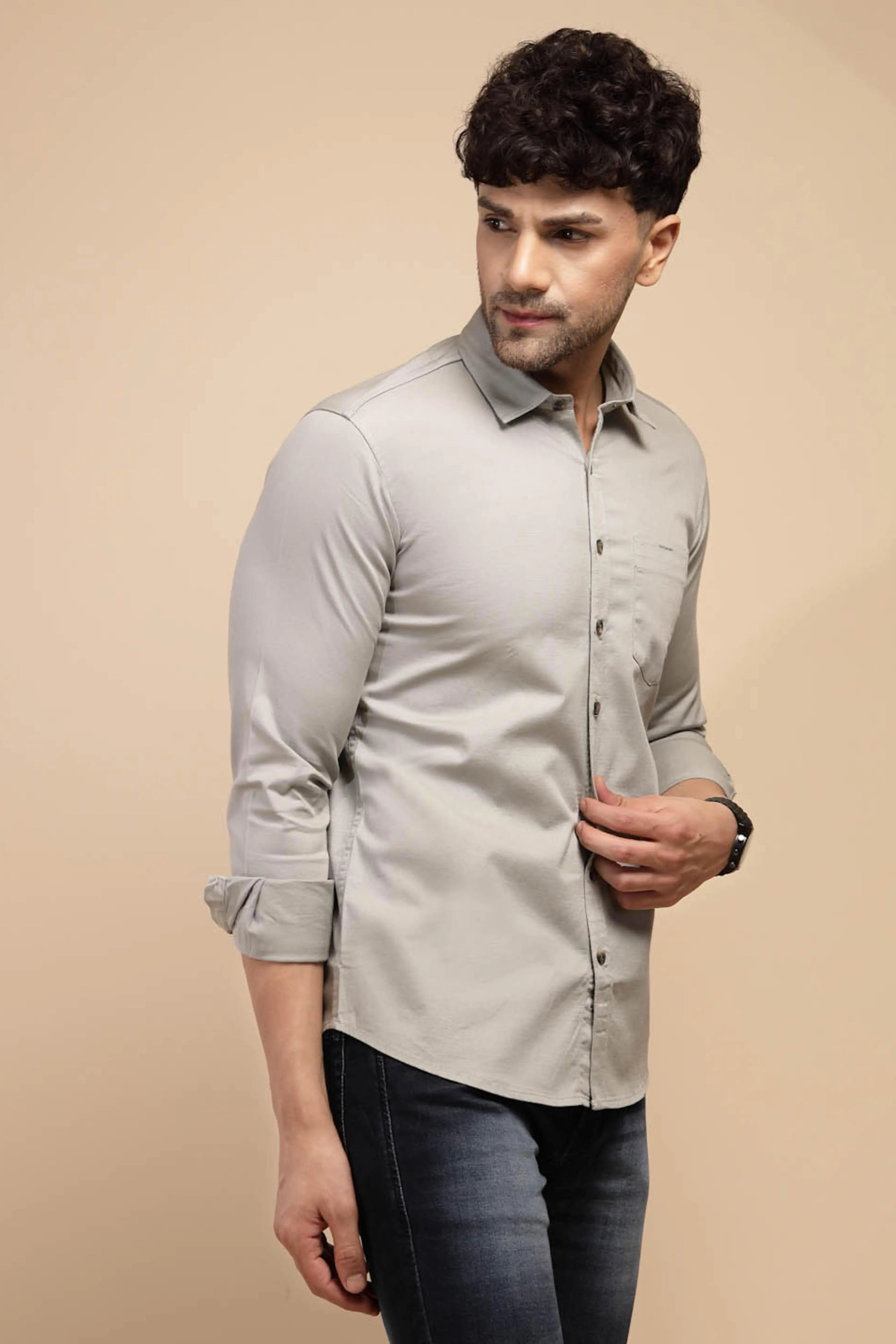 Grey Solid Full Sleeve Collared Neck Cotton Blend Shirt - Global Republic