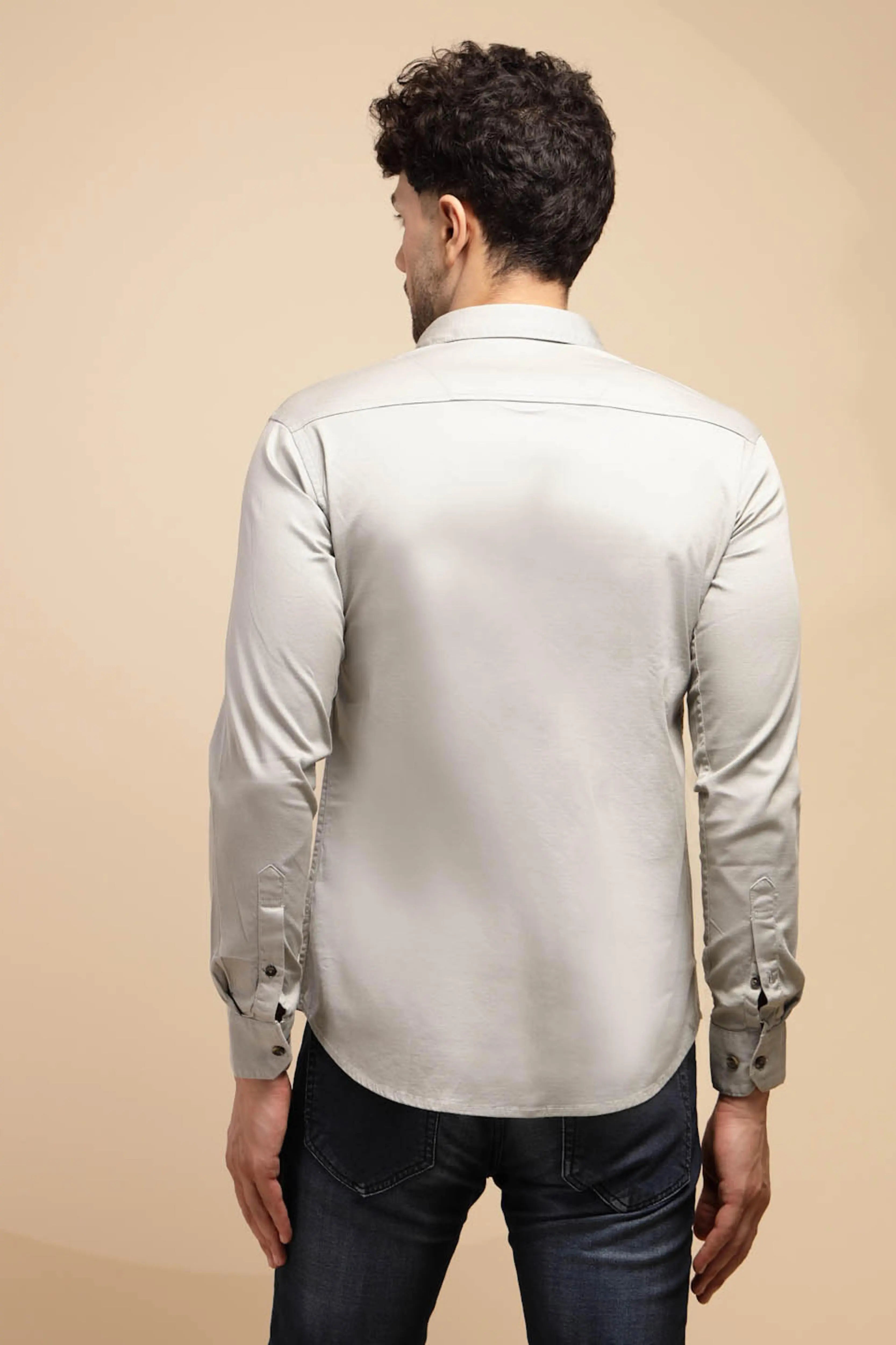 Grey Solid Full Sleeve Collared Neck Cotton Blend Shirt - Global Republic