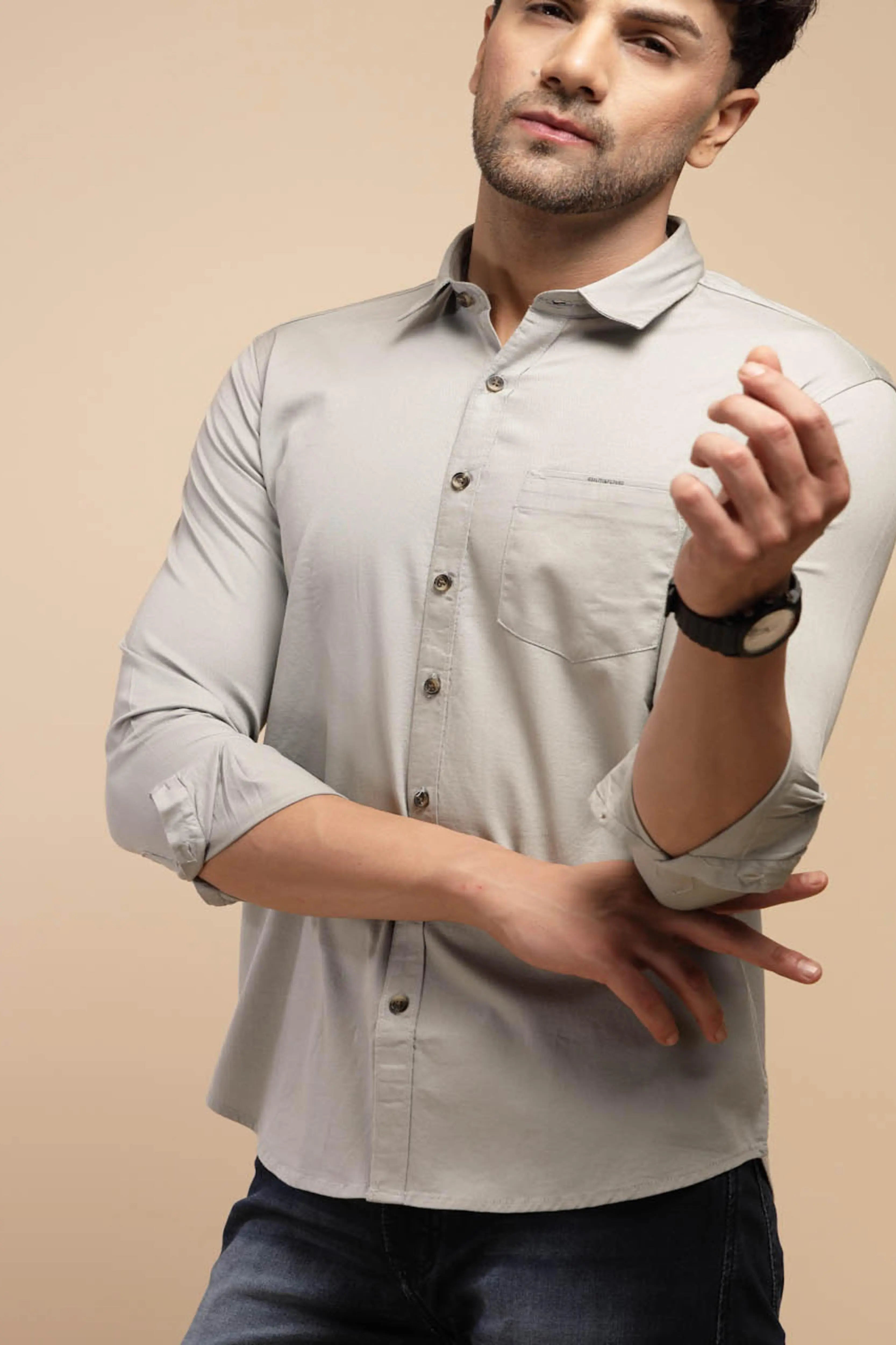 Grey Solid Full Sleeve Collared Neck Cotton Blend Shirt - Global Republic