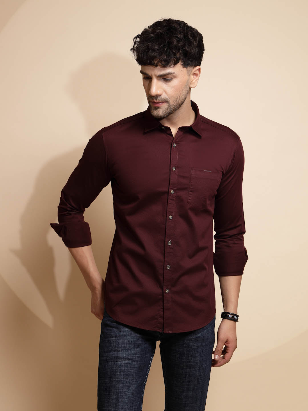 Wine Solid Full Sleeve Collar Neck Cotton Blend Shirt - Global Republic