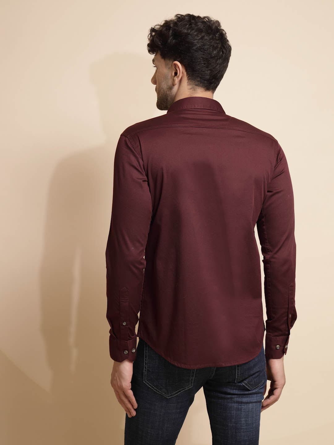 Wine Solid Full Sleeve Collar Neck Cotton Blend Shirt - Global Republic